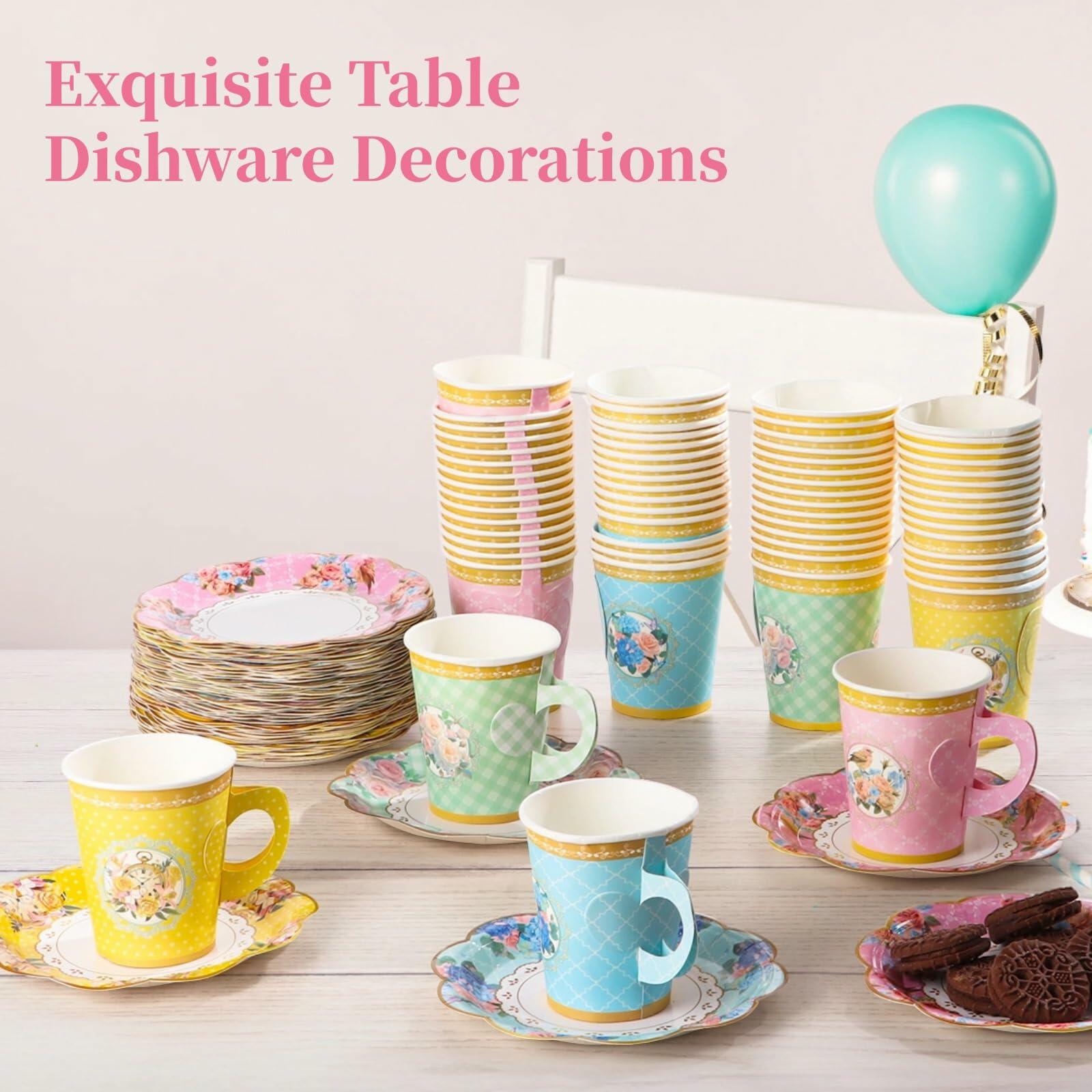 OMISTAR 192 PCS Floral Paper Tea Cups with Handle Pink Disposable Saucers
