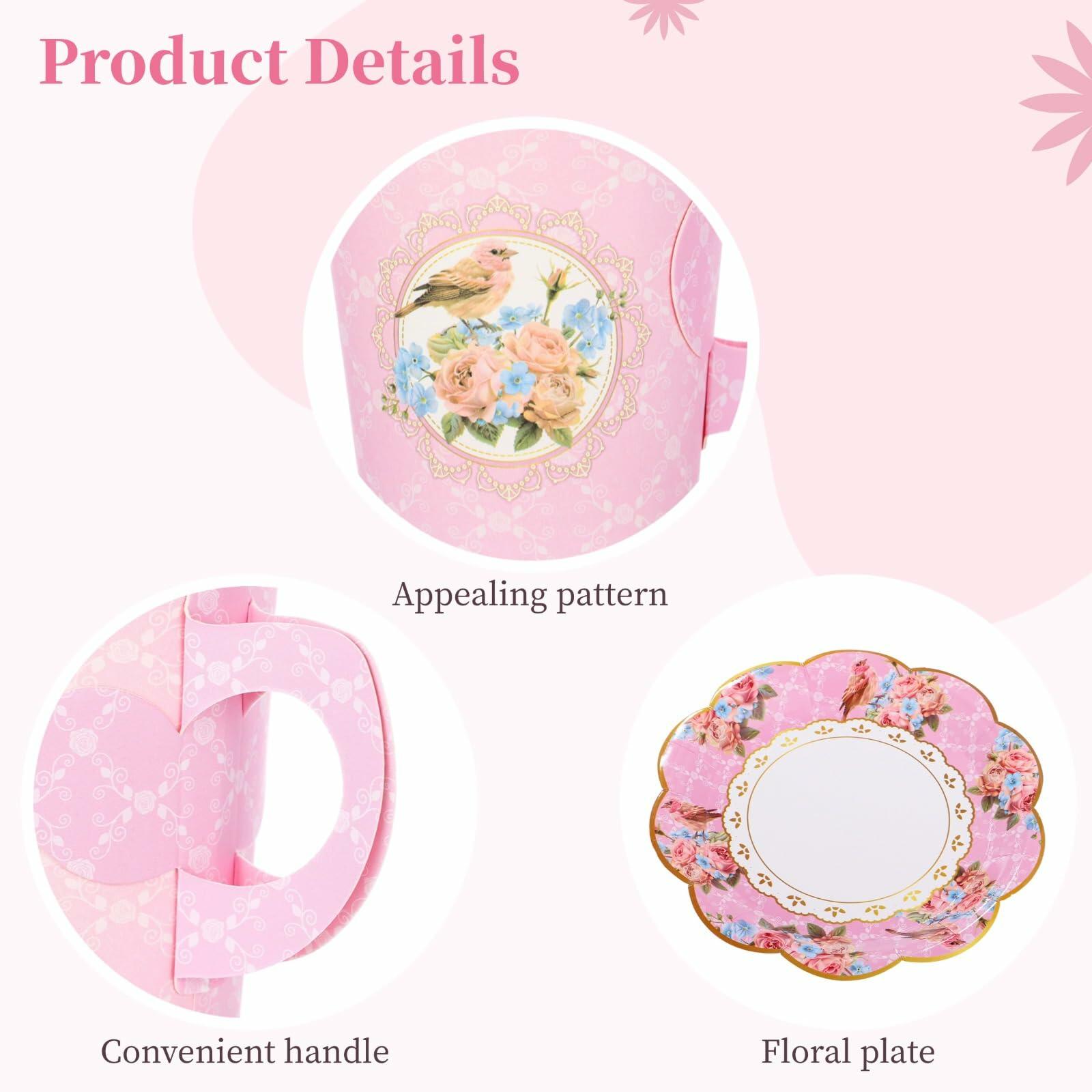 OMISTAR 192 PCS Floral Paper Tea Cups with Handle Pink Disposable Saucers
