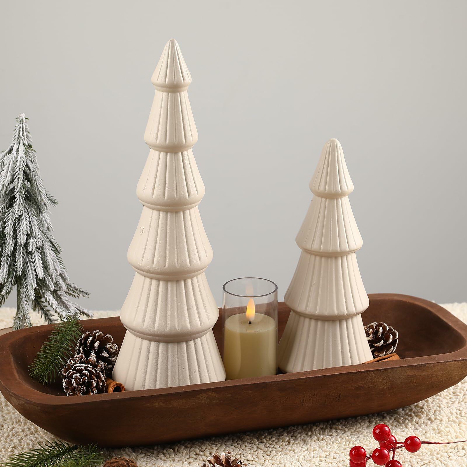 Yumiio 2pcs Wooden Christmas Tree Figurine Vintage White Rustic Decor