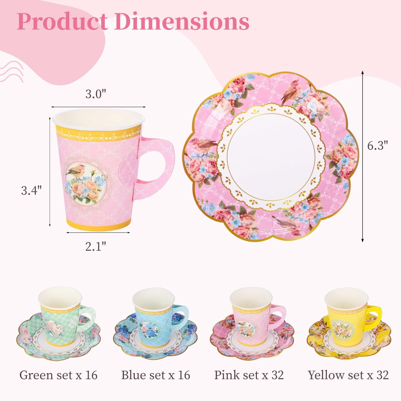 OMISTAR 192 PCS Floral Paper Tea Cups with Handle Pink Disposable Saucers