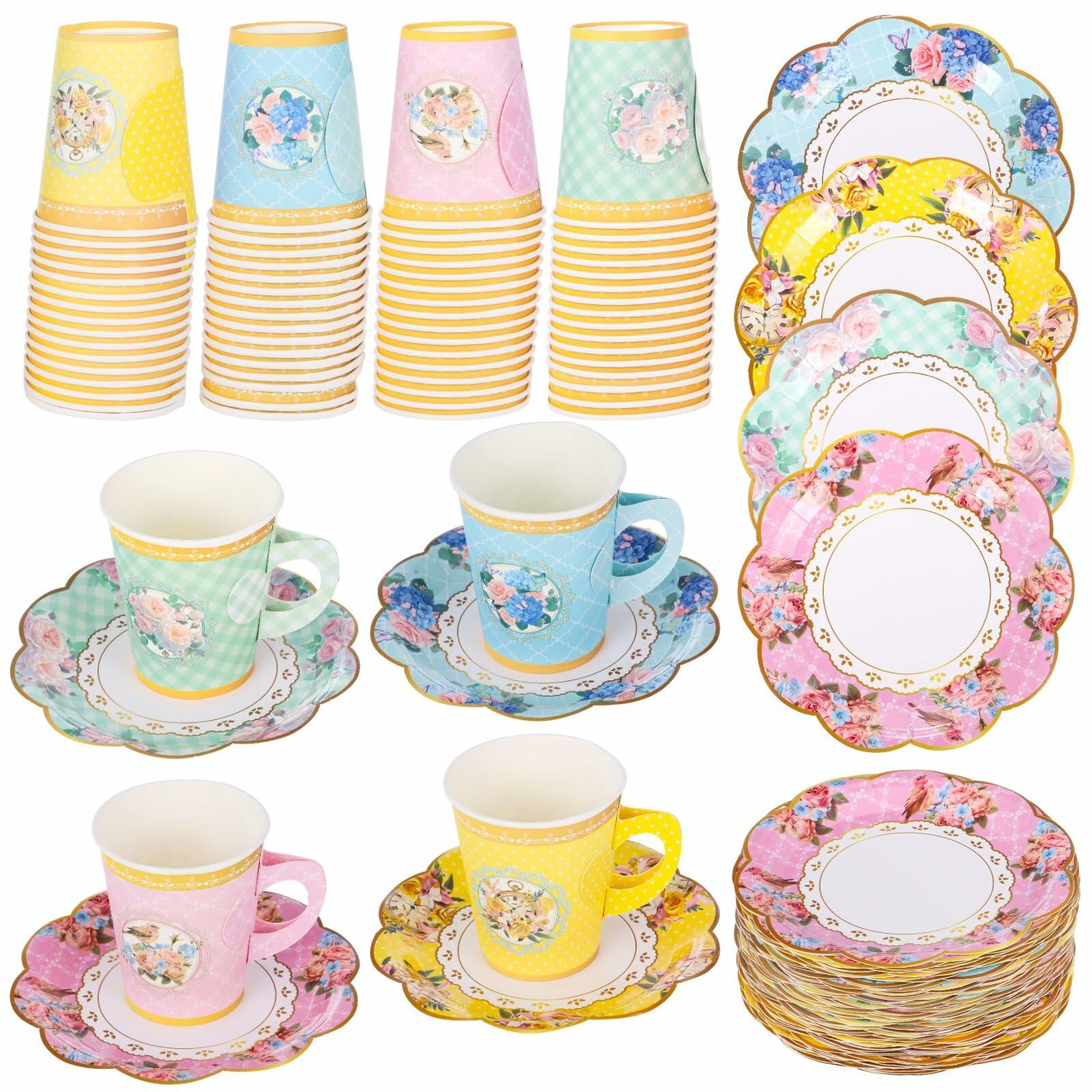 OMISTAR 192 PCS Floral Paper Tea Cups with Handle Pink Disposable Saucers