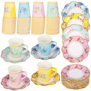 OMISTAR 192 PCS Floral Paper Tea Cups with Handle Pink Disposable Saucers