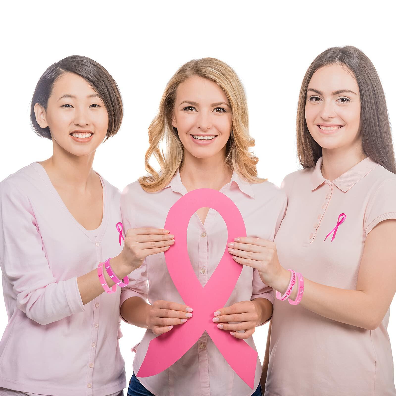 ELECLAND 48 Pcs Pink Breast Cancer Awareness Silicone Bracelets 8 Inch