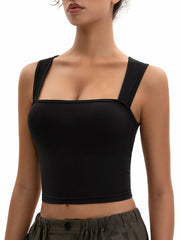 MOSSROZZ Women's Ribbed Crop Tank Top Wide Strap Athletic Black Size L