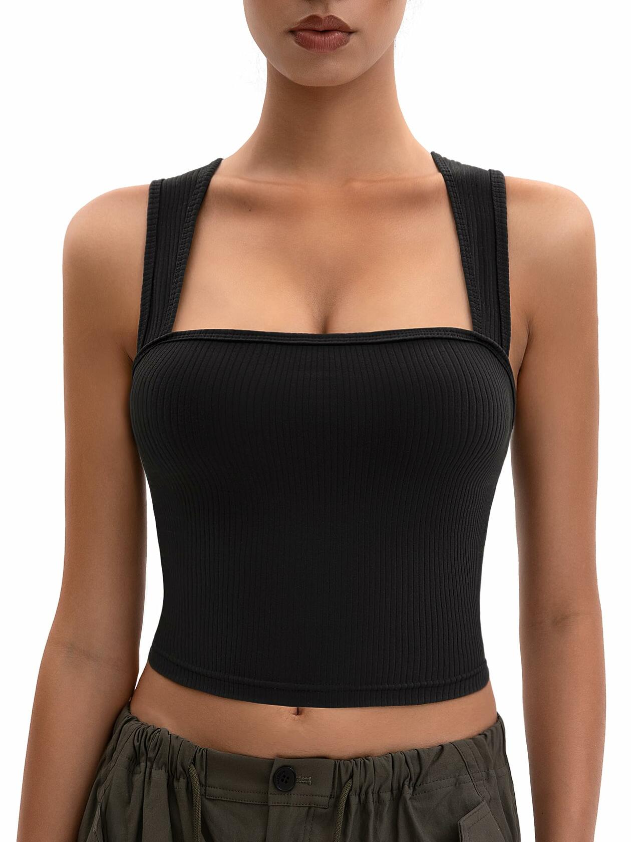 MOSSROZZ Women's Ribbed Crop Tank Top Wide Strap Athletic Black Size L