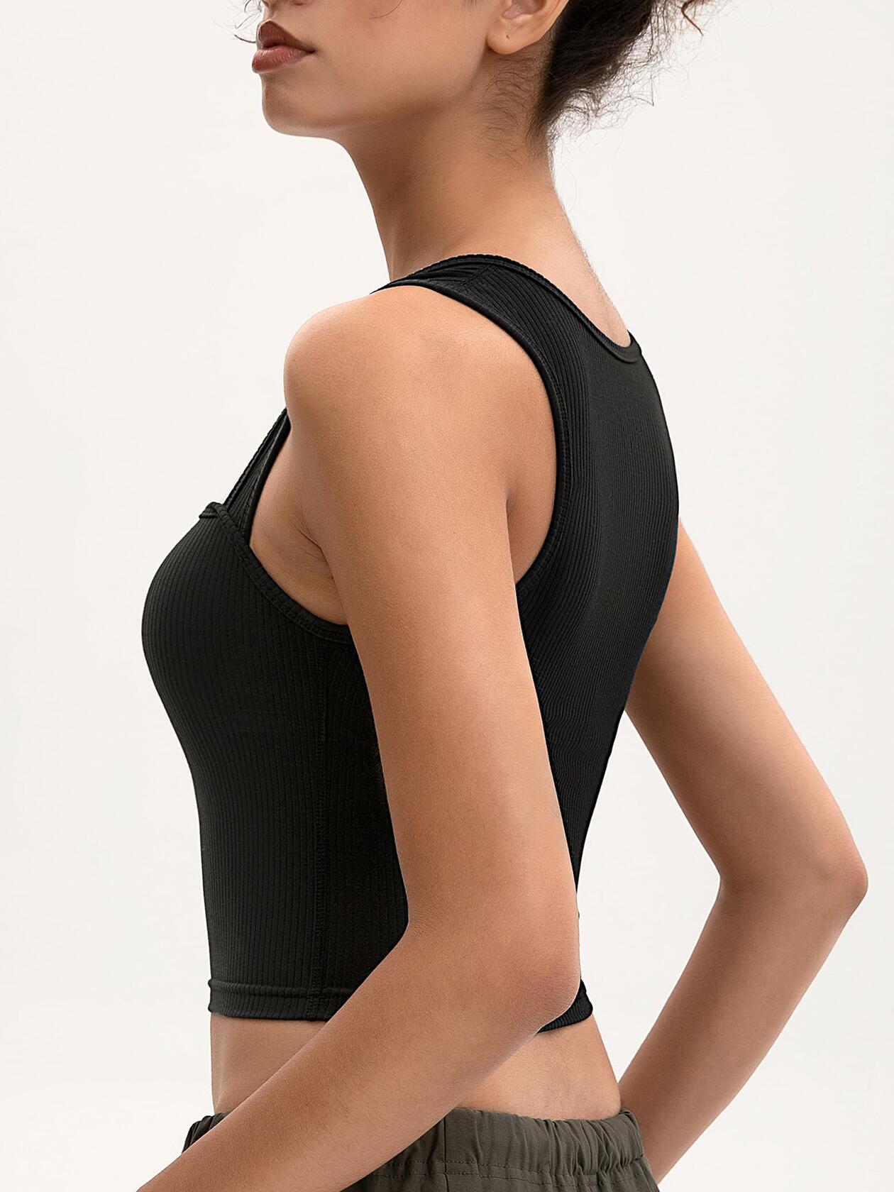 MOSSROZZ Women's Ribbed Crop Tank Top Wide Strap Athletic Black Size L