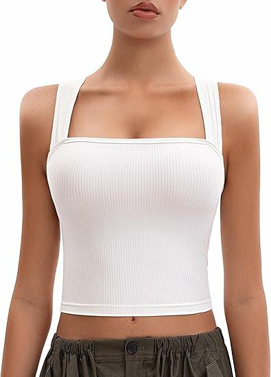 MOSSROZZ Women's Ribbed Crop Tank Top Wide Strap Athletic Black Size L