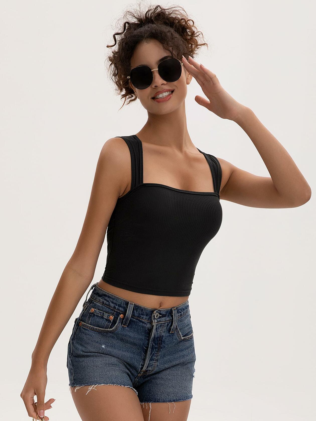 MOSSROZZ Women's Ribbed Crop Tank Top Wide Strap Athletic Black Size L