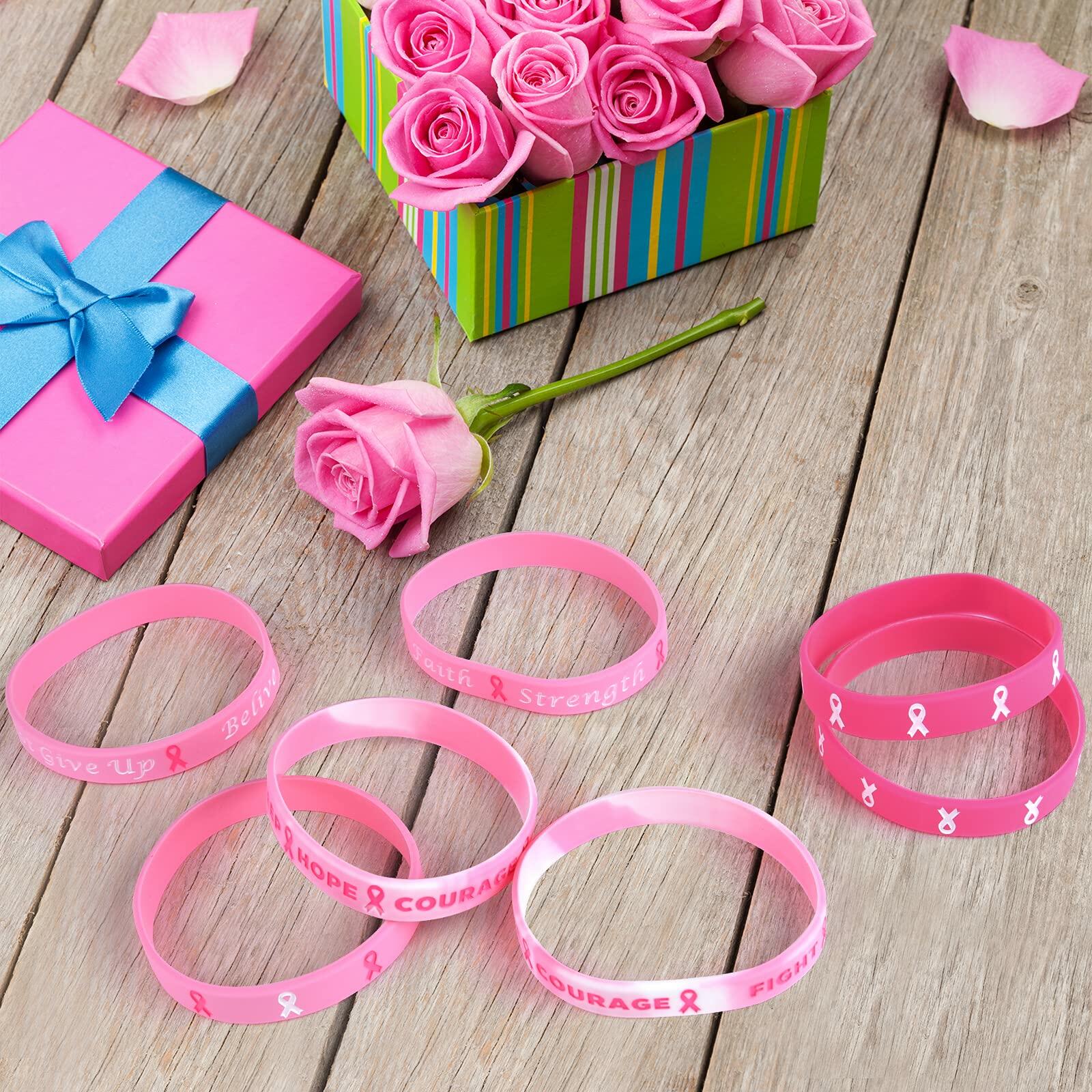 ELECLAND 48 Pcs Pink Breast Cancer Awareness Silicone Bracelets 8 Inch