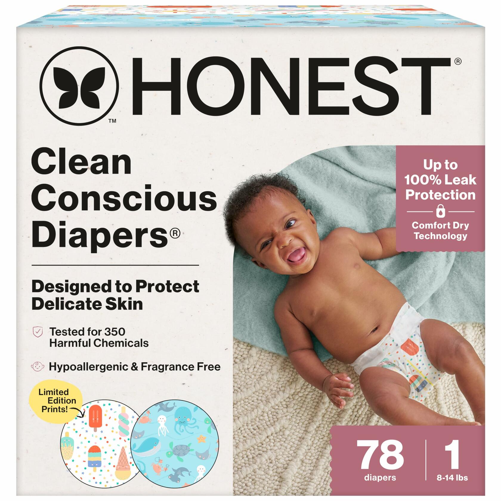 Honest Company Comfort Dry Diapers Ocean Bottoms Chilly Cheeks 78 Count Size 1