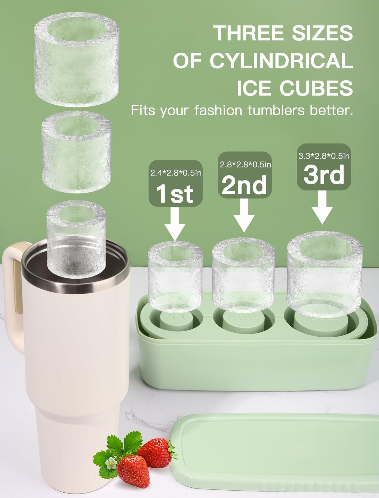 Ukulork Silicone Ice Cube Tray 3 Pcs Green Cylinder Mold 40Oz with Lid