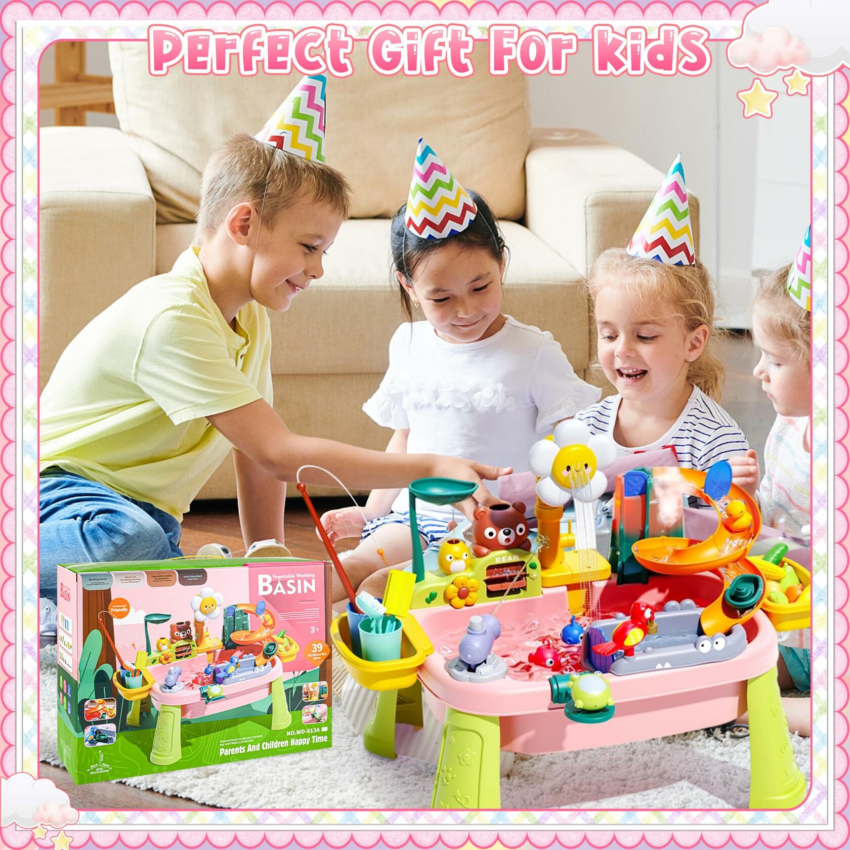 OLHKYN Toddler Sand Water Table Toy Pink with Electric Pump Faucet 3+ Age