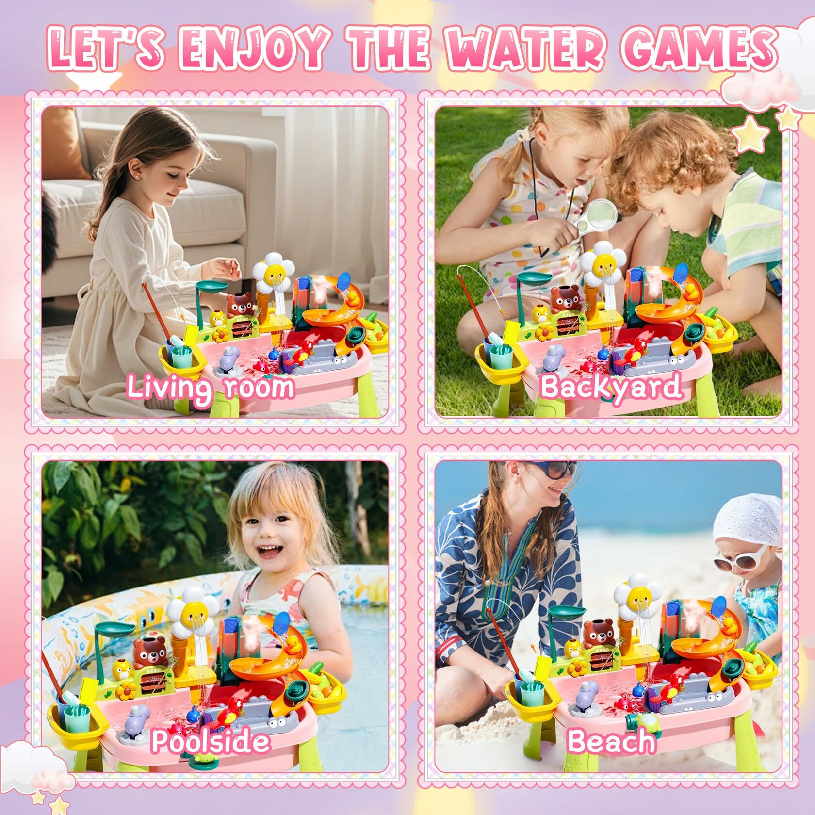 OLHKYN Toddler Sand Water Table Toy Pink with Electric Pump Faucet 3+ Age