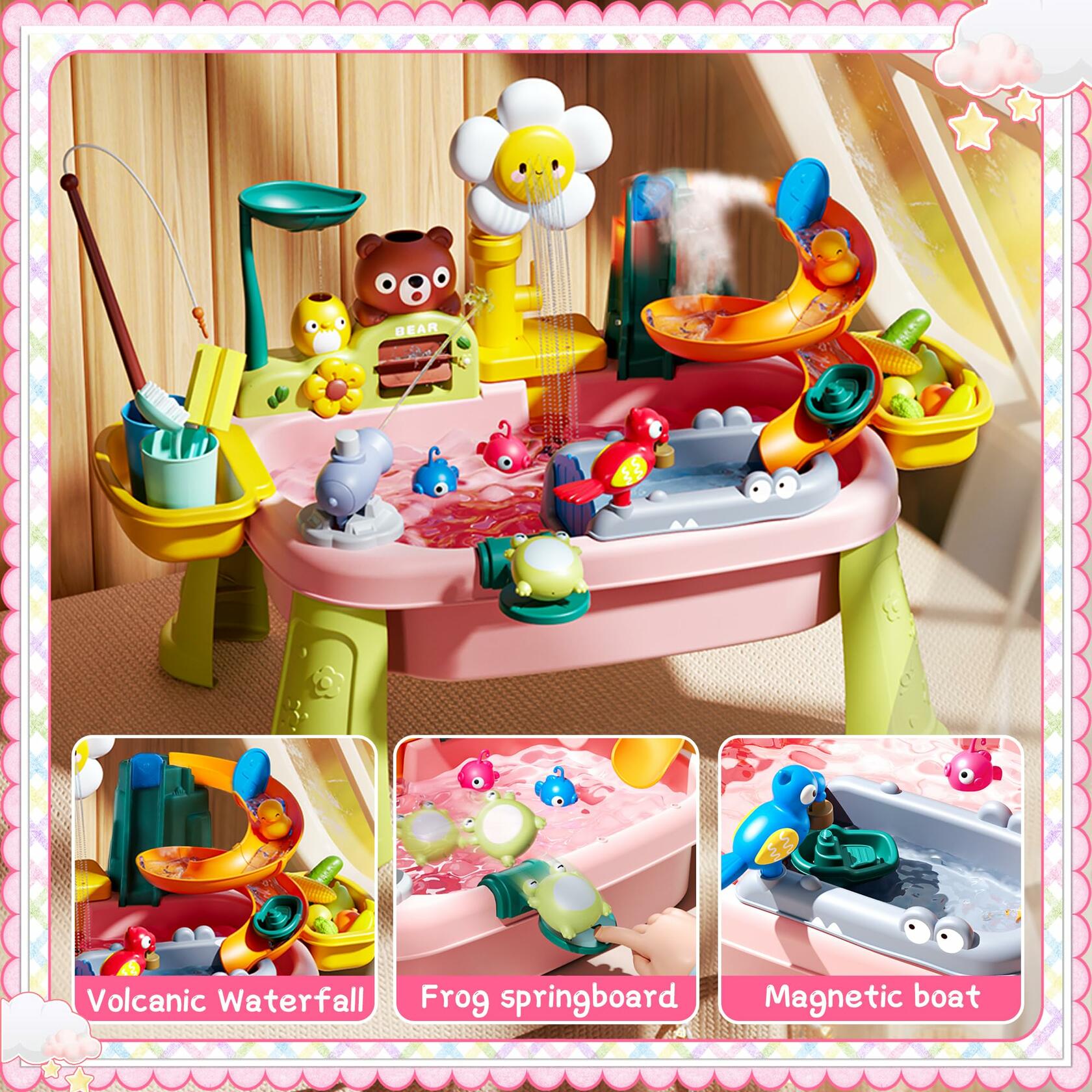 OLHKYN Toddler Sand Water Table Toy Pink with Electric Pump Faucet 3+ Age