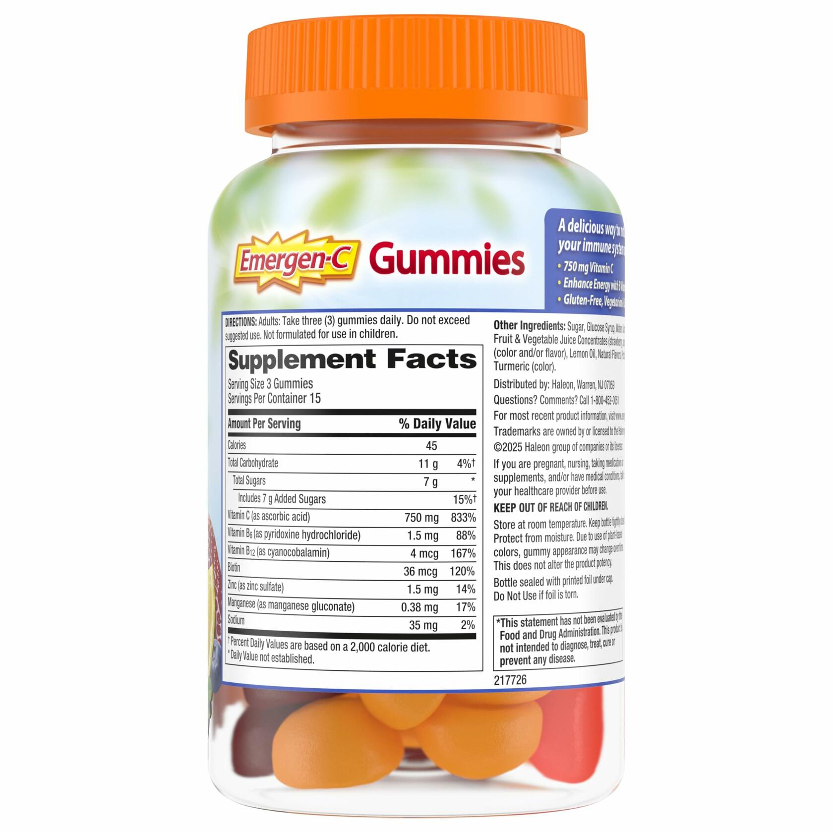 Emergen-C Vitamin C Gummies 750mg Immune Support Strawberry Lemon Blueberry 45ct