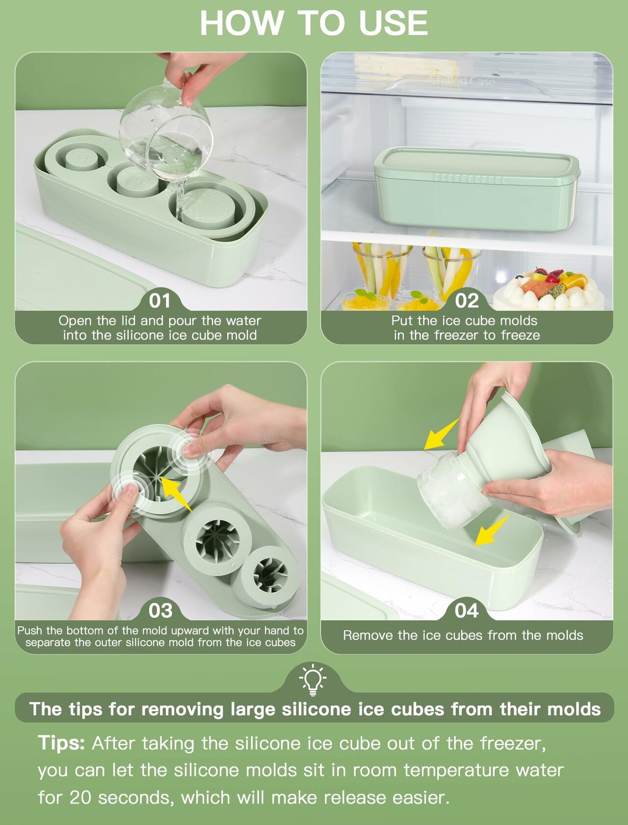 Ukulork Silicone Ice Cube Tray 3 Pcs Green Cylinder Mold 40Oz with Lid