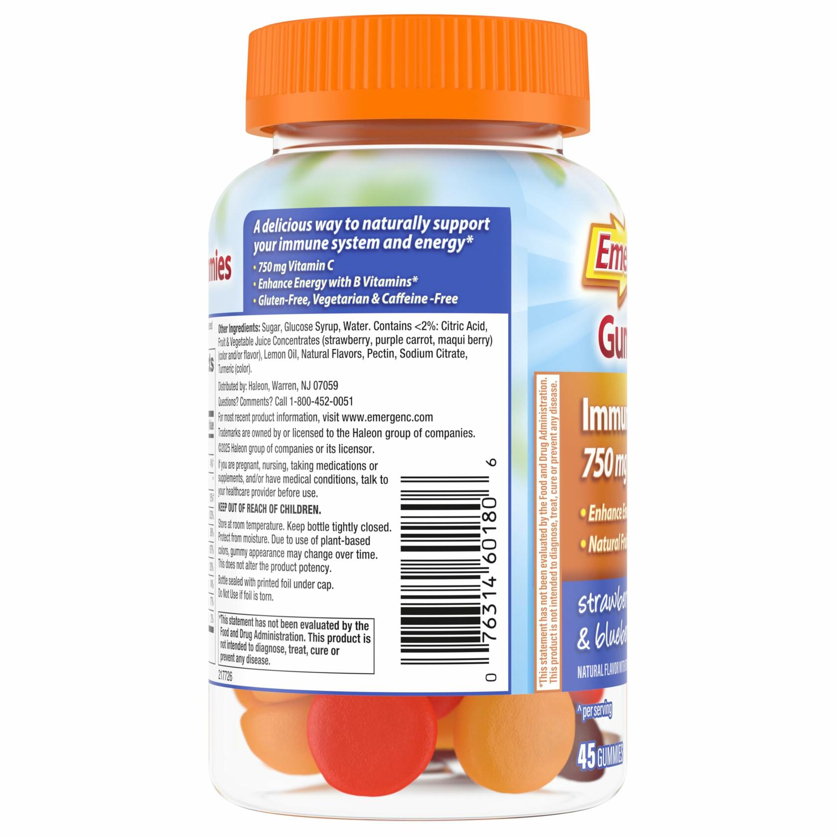 Emergen-C Vitamin C Gummies 750mg Immune Support Strawberry Lemon Blueberry 45ct