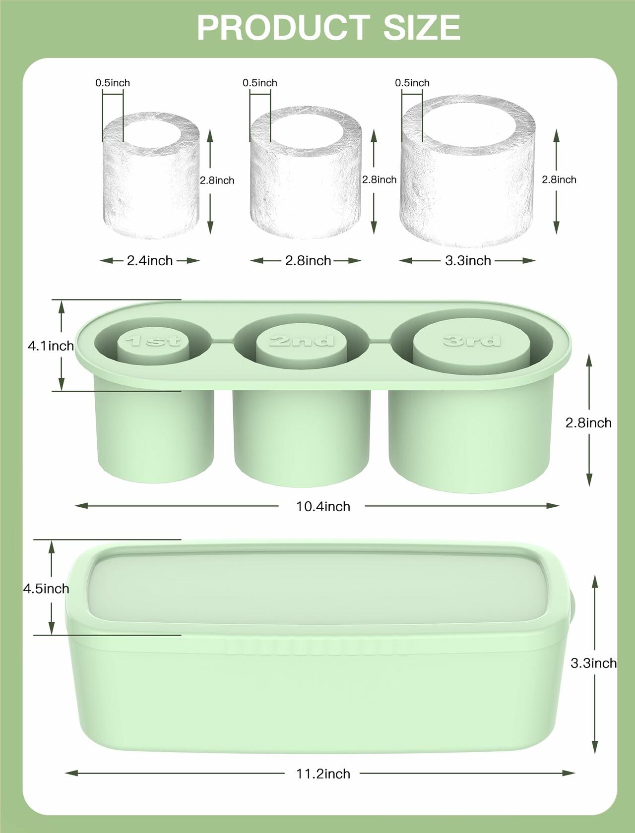 Ukulork Silicone Ice Cube Tray 3 Pcs Green Cylinder Mold 40Oz with Lid
