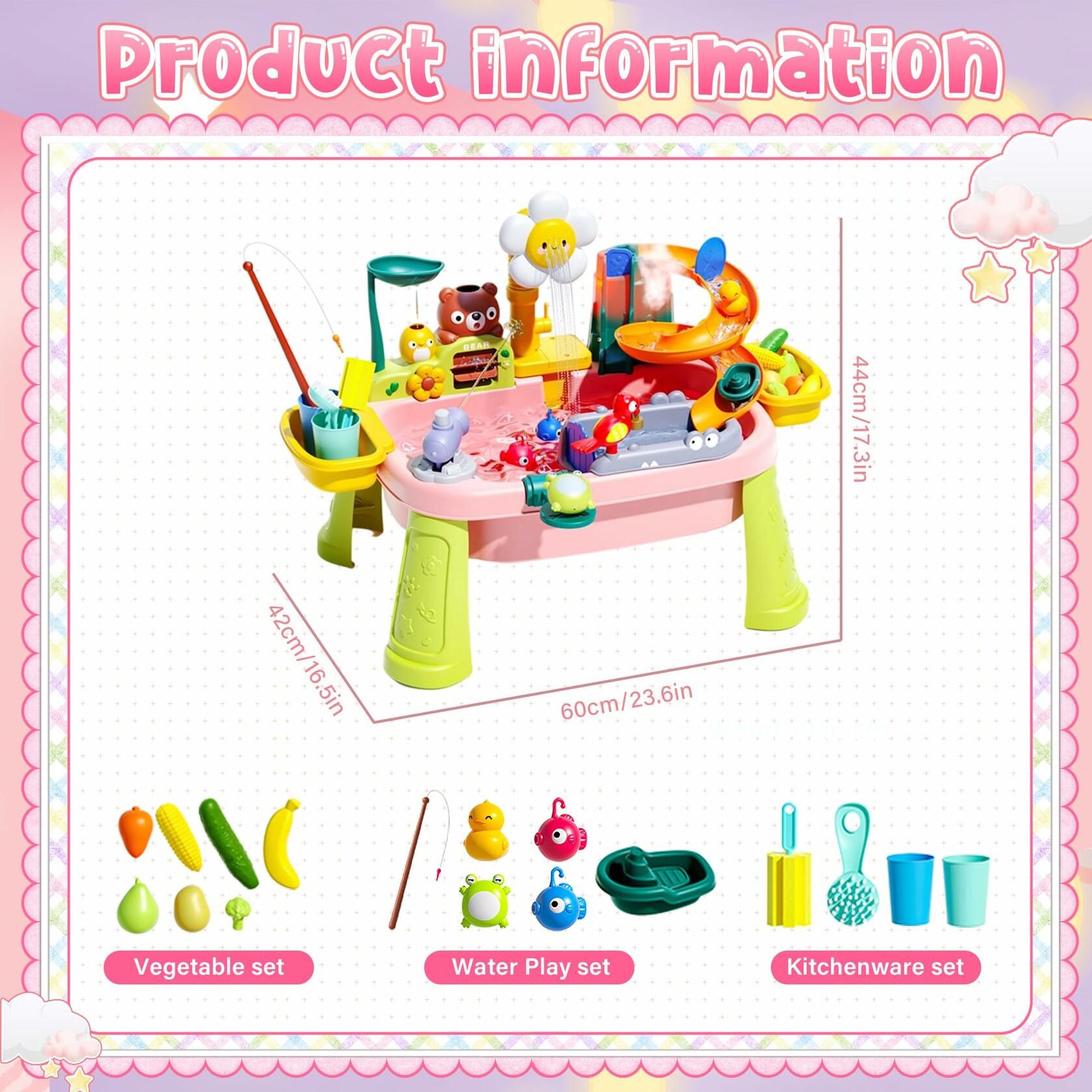 OLHKYN Toddler Sand Water Table Toy Pink with Electric Pump Faucet 3+ Age