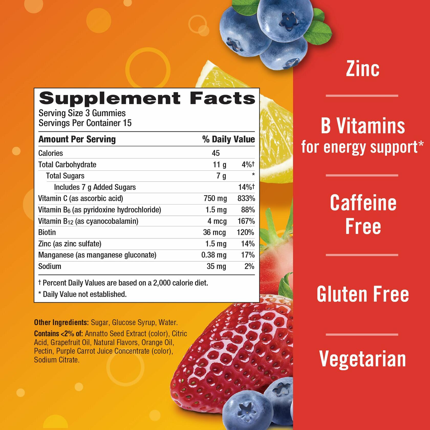 Emergen-C Vitamin C Gummies 750mg Immune Support Strawberry Lemon Blueberry 45ct