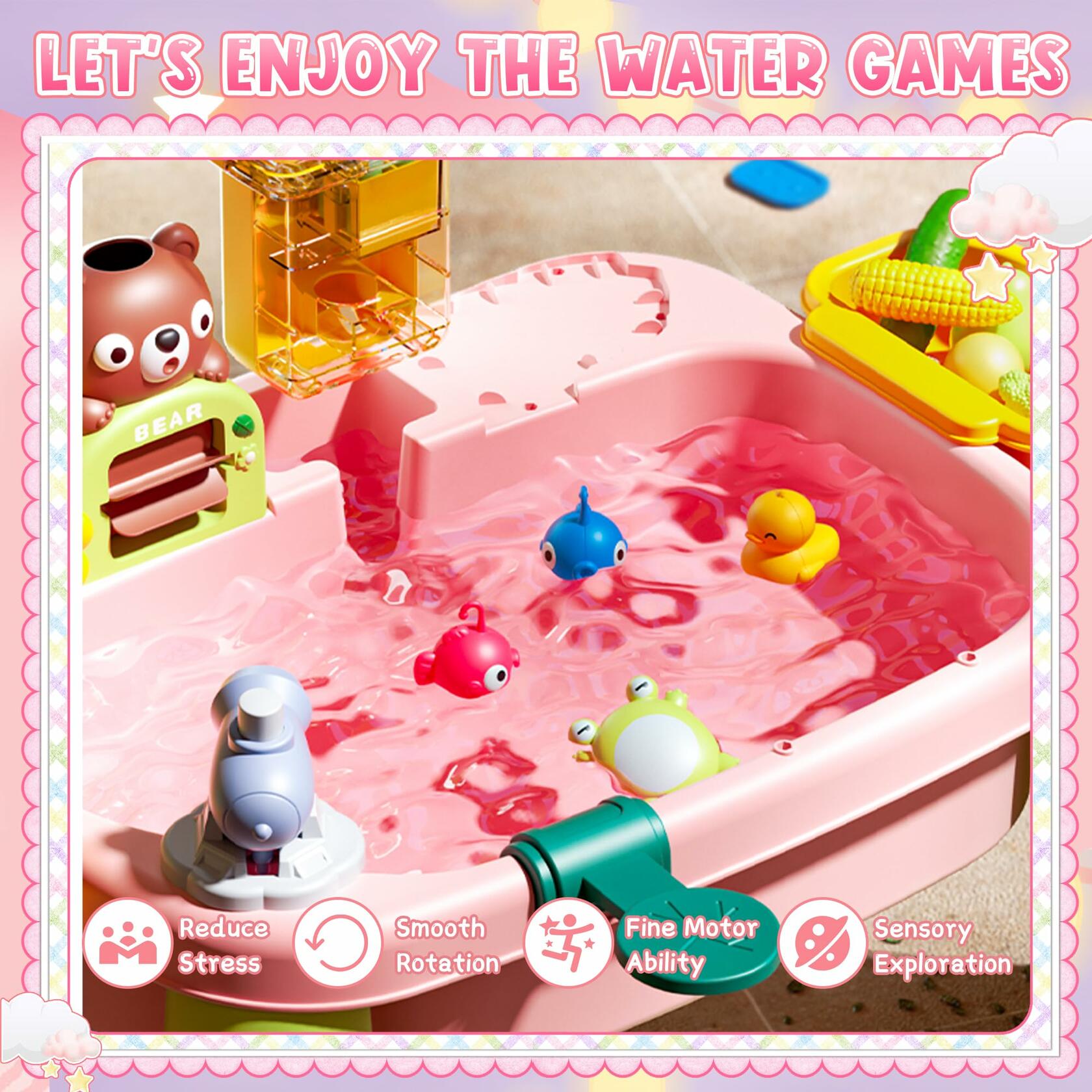 OLHKYN Toddler Sand Water Table Toy Pink with Electric Pump Faucet 3+ Age