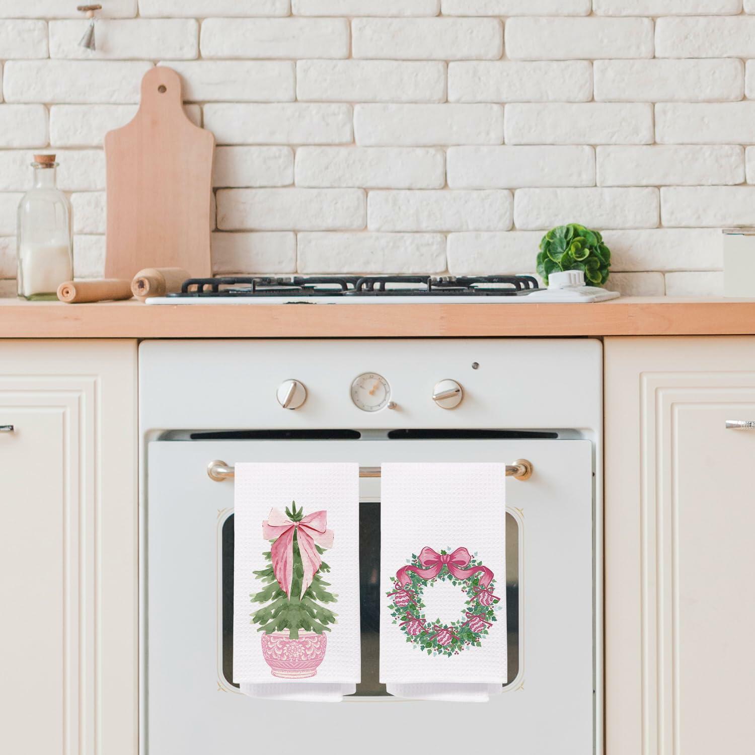 SPBL&L Chinoiserie Christmas Kitchen Towels Pink Bow Tree 16x24 Set of 2