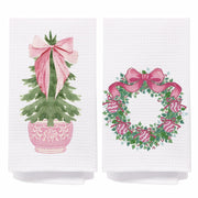 SPBL&L Chinoiserie Christmas Kitchen Towels Pink Bow Tree 16x24 Set of 2