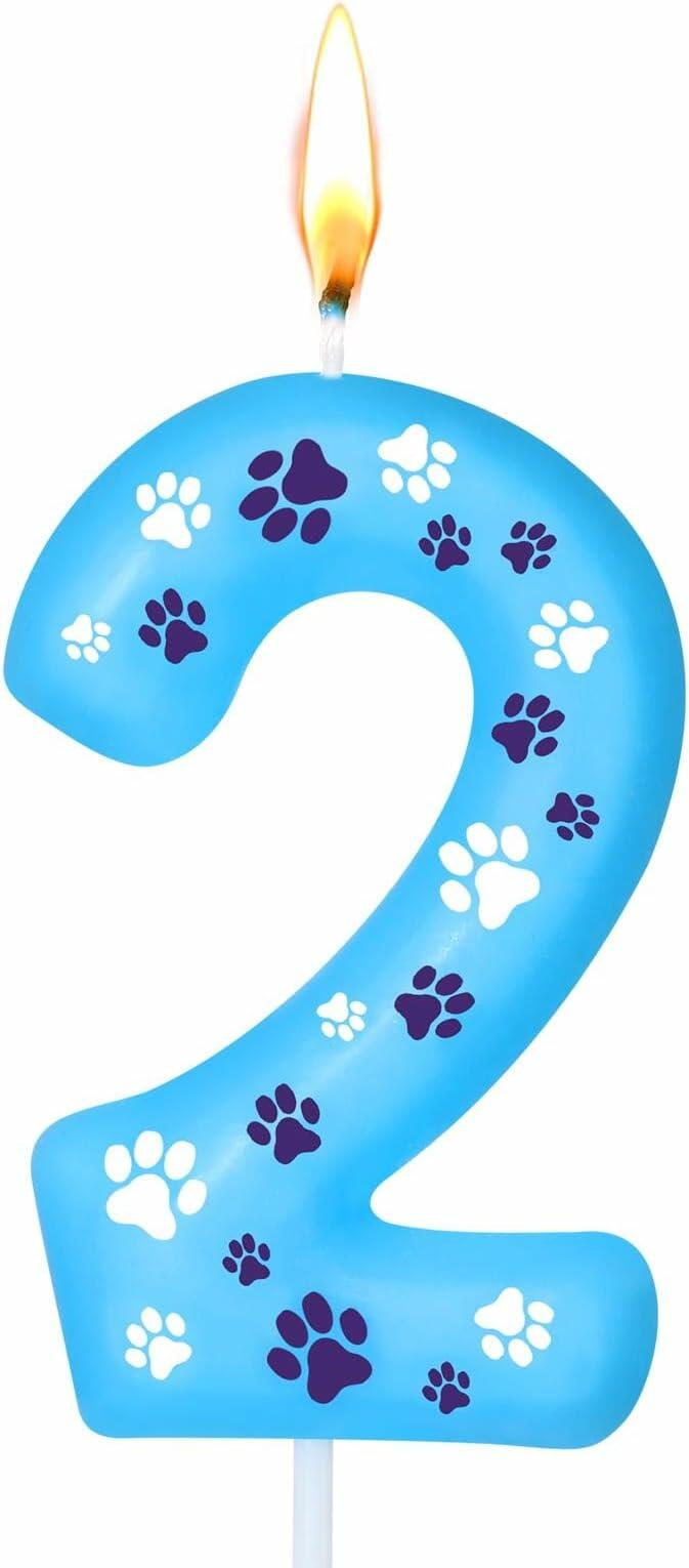 FUNCANDLE Blue Dog Paw Print Birthday Candle Number 2 Size 2 Blue