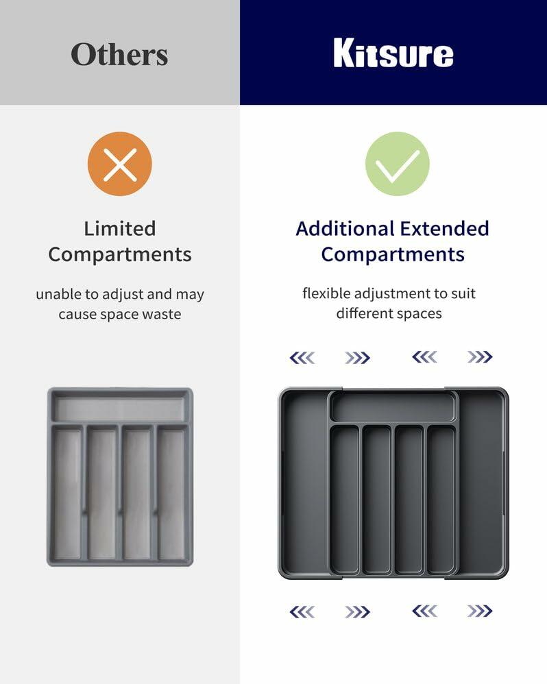 Kitsure Adjustable Cutlery Drawer Organizer Kitchen Tray Black