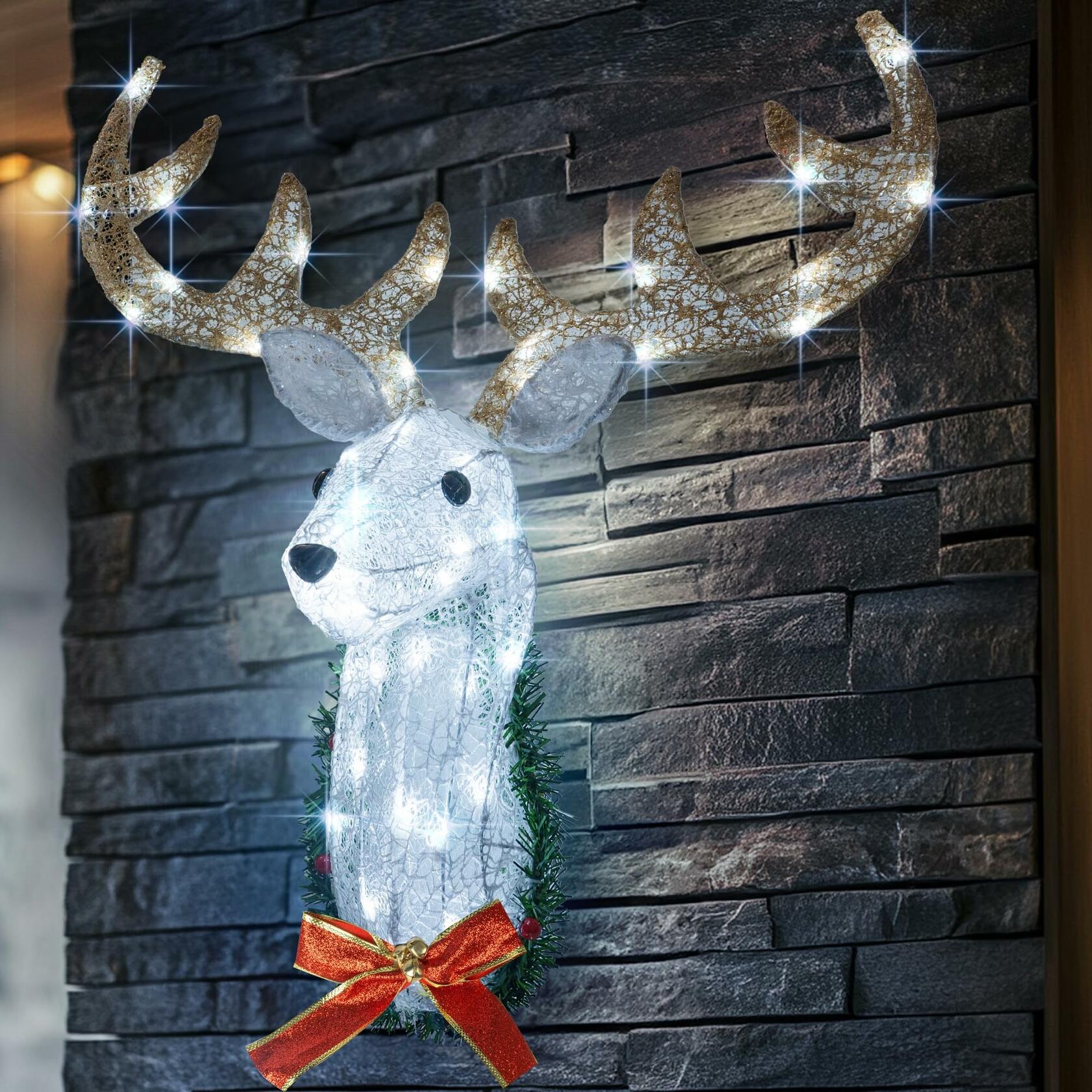 Hourleey 32" Lighted Christmas Reindeer Head Wall Decor Battery Operated White