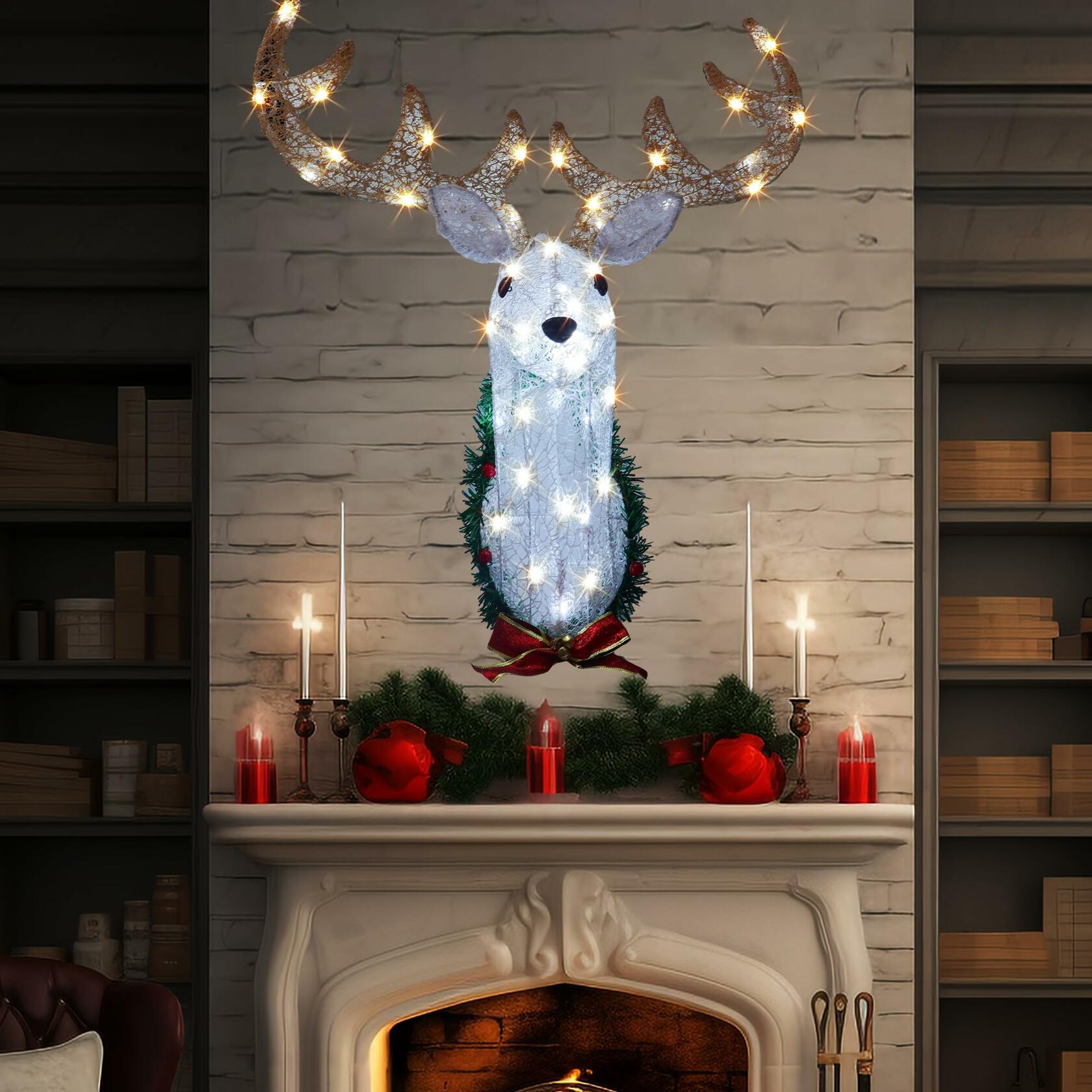 Hourleey 32" Lighted Christmas Reindeer Head Wall Decor Battery Operated White