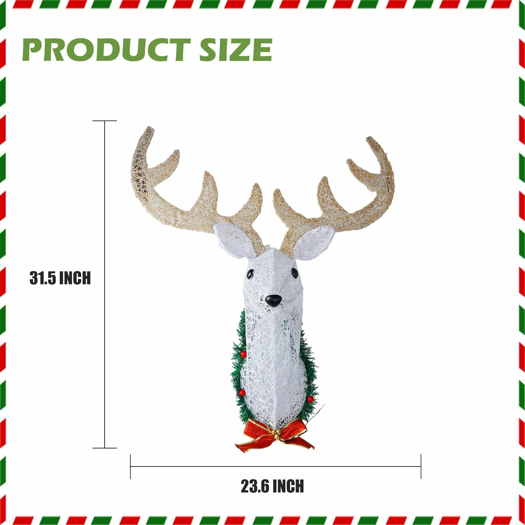 Hourleey 32" Lighted Christmas Reindeer Head Wall Decor Battery Operated White