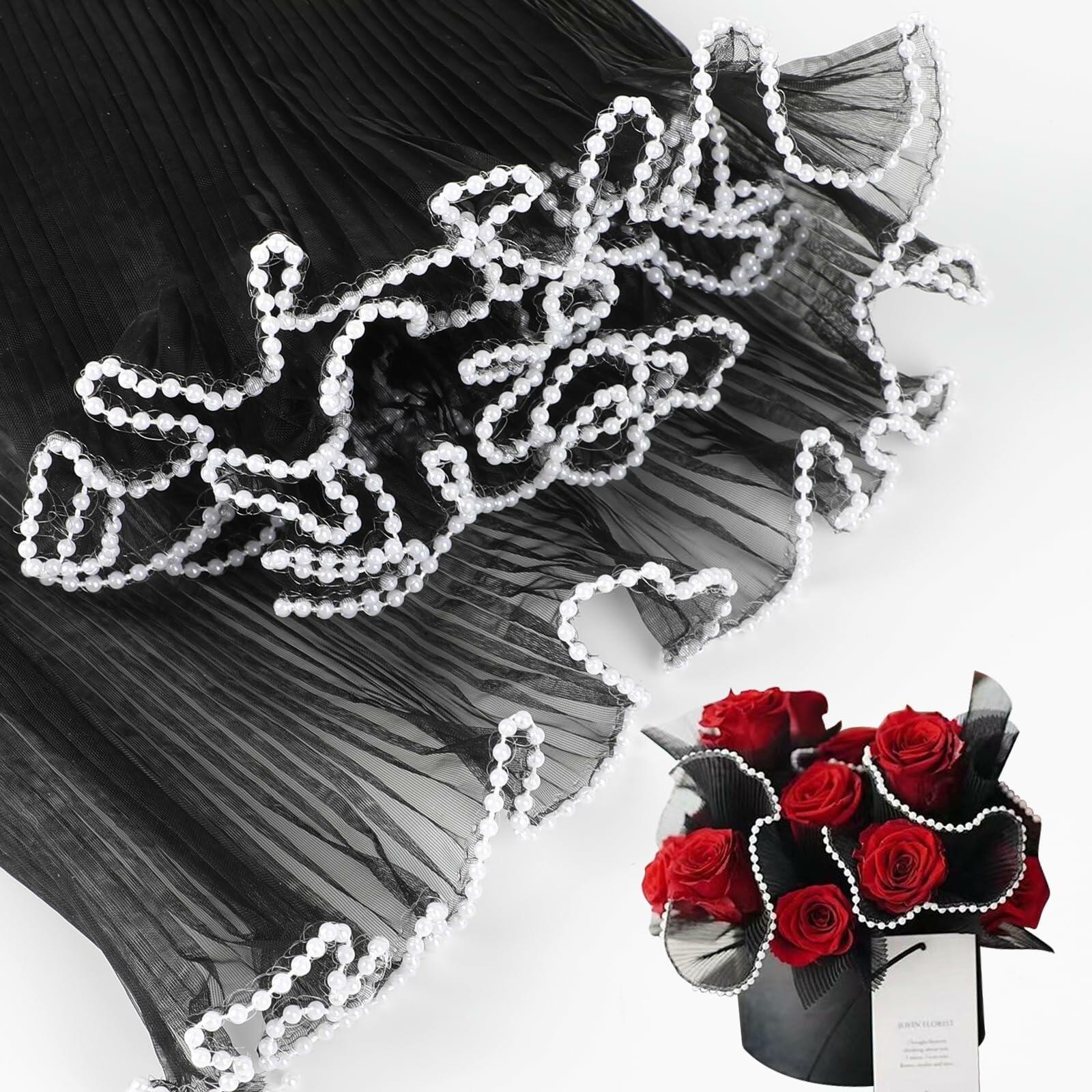 CCINEE 4.37 Yards Black Pearl Wrinkled Flower Wrapping Mesh Paper Wedding