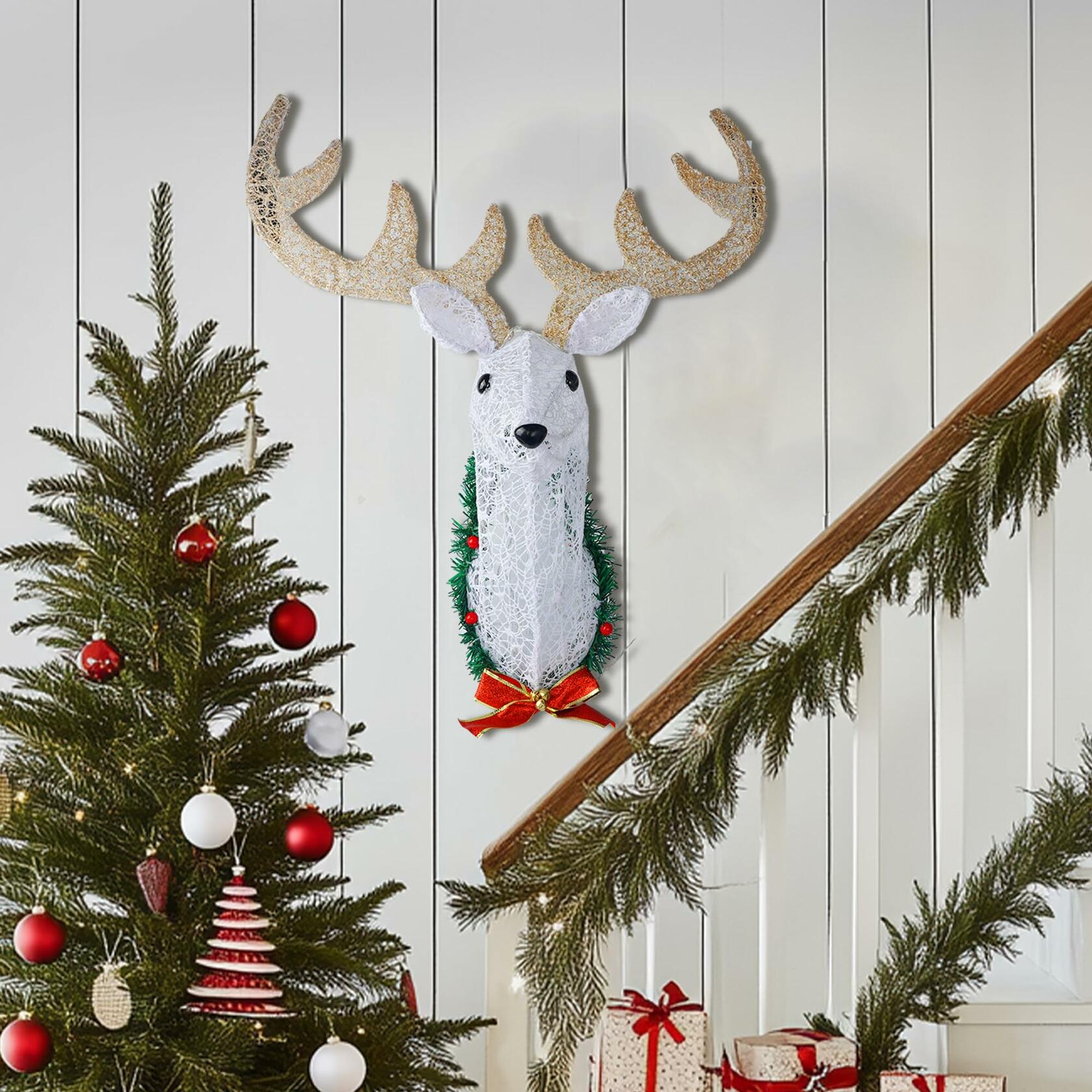 Hourleey 32" Lighted Christmas Reindeer Head Wall Decor Battery Operated White