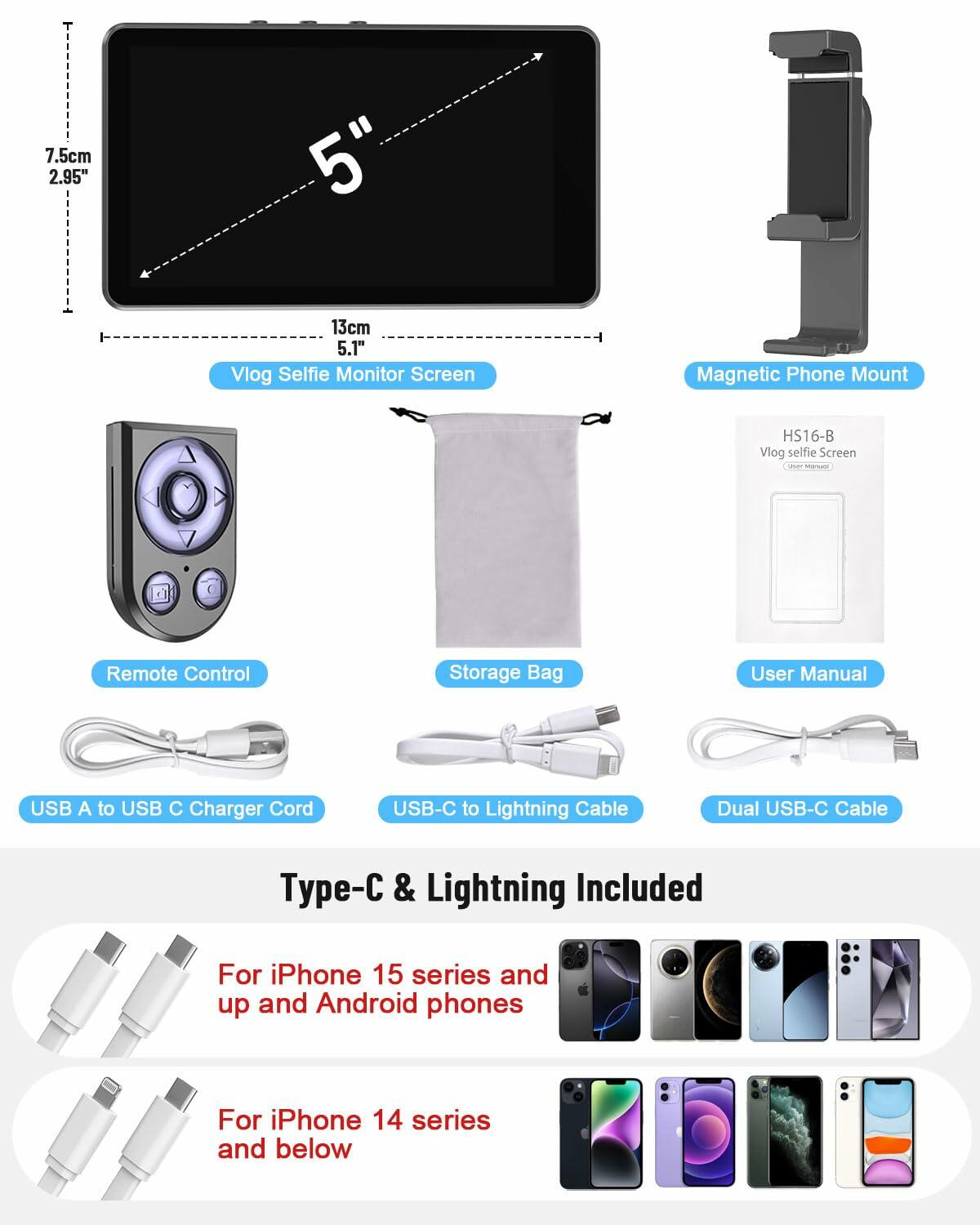 Yeaki 5" Vlog Selfie Monitor Screen Magnetic Mount Black 4K 30fps iPhone Android