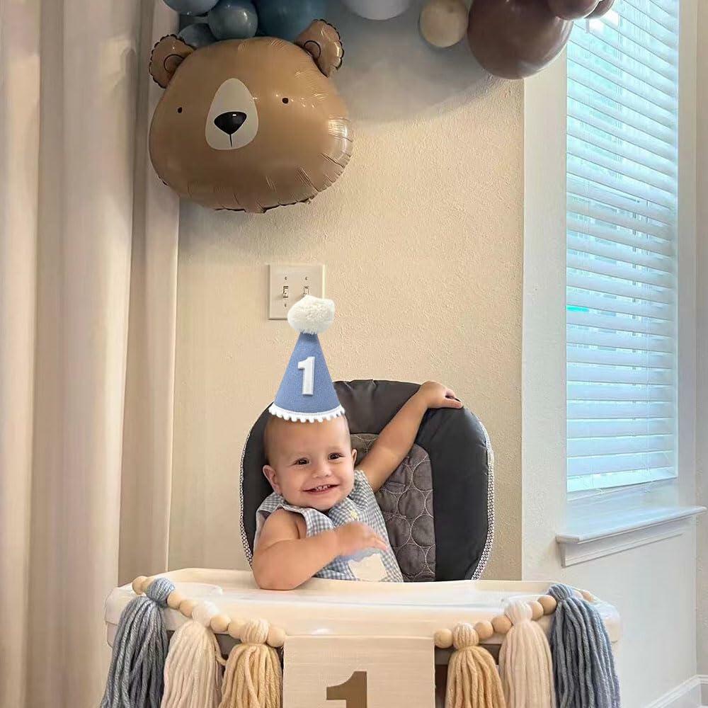 E0EHOHC 1st Birthday Decorations Baby Boy Blue High Chair Banner Cone Hat