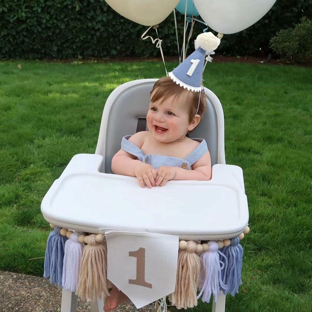 E0EHOHC 1st Birthday Decorations Baby Boy Blue High Chair Banner Cone Hat