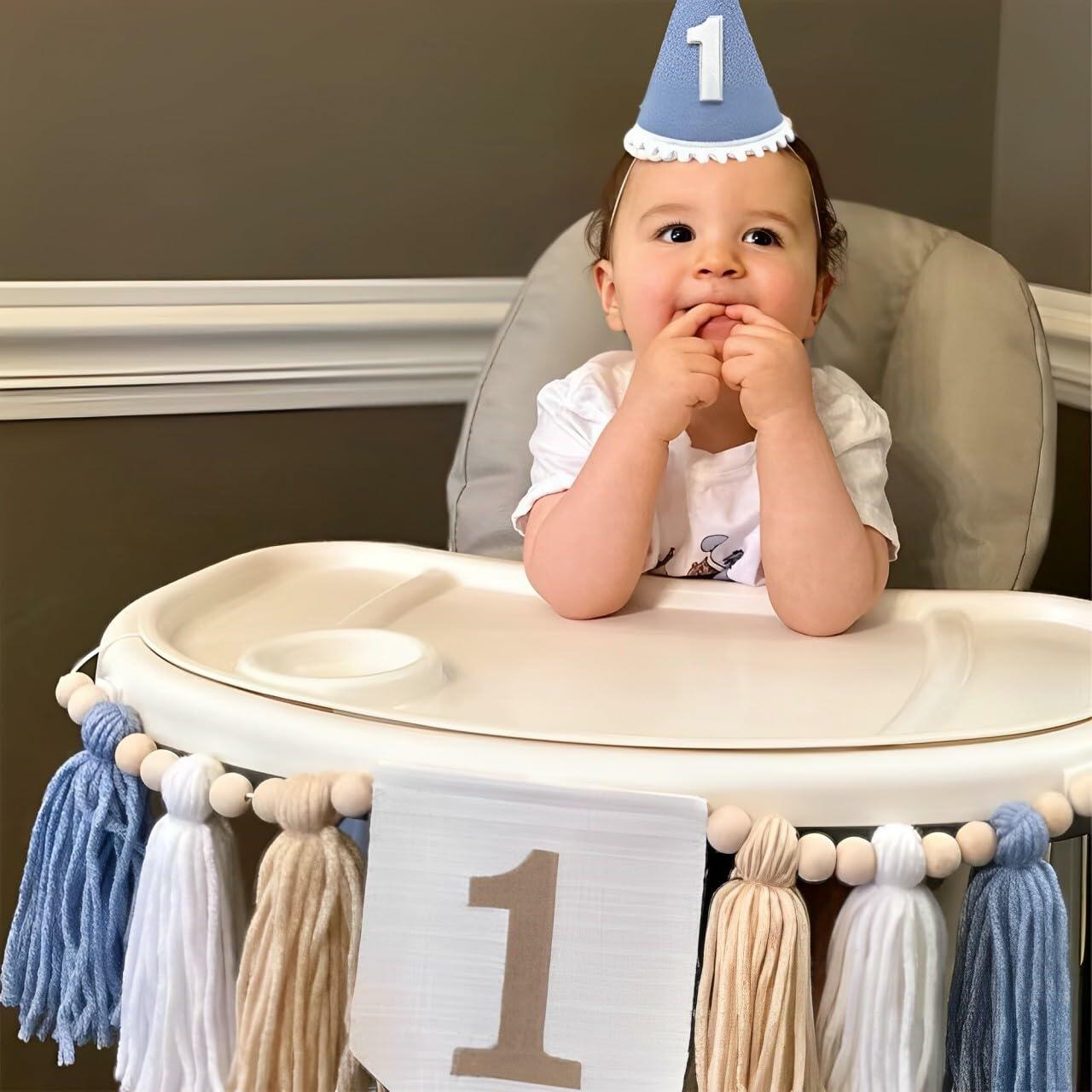 E0EHOHC 1st Birthday Decorations Baby Boy Blue High Chair Banner Cone Hat