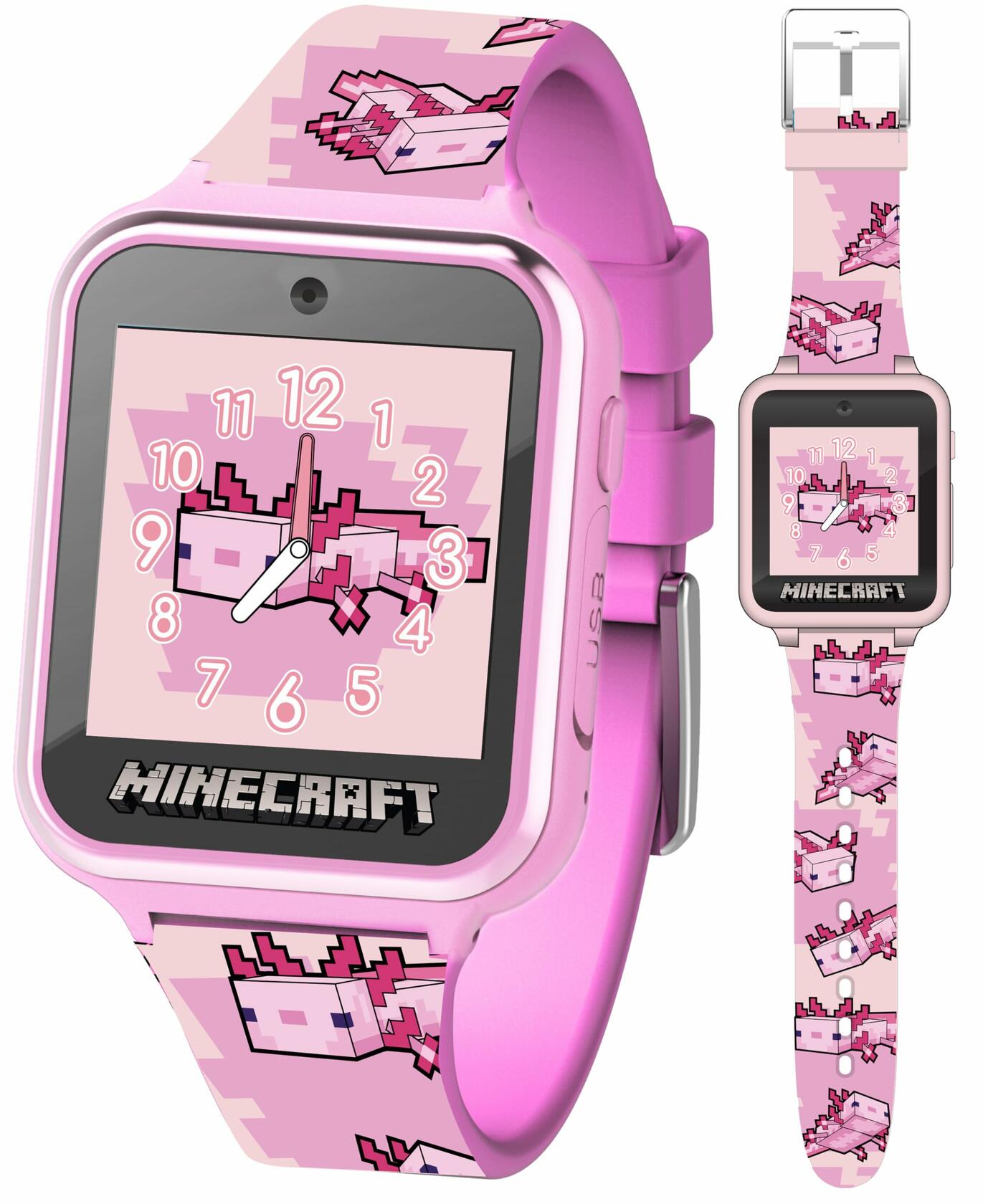 Minecraft Kids Smartwatch Pink Axolotl Design 10Faces Step Counter Fits 5.5-8.0"
