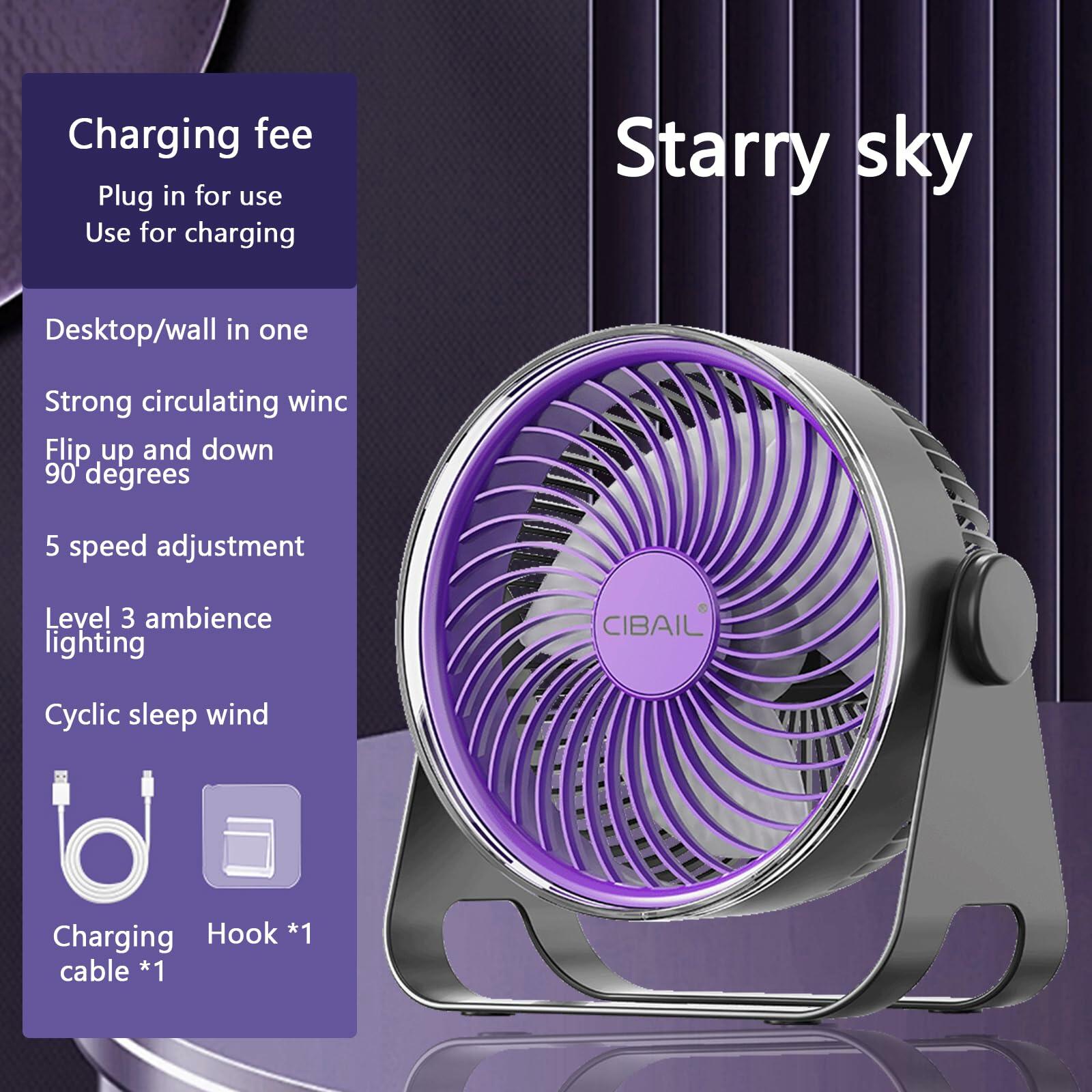 CIBAIL Brushless Motor 7" Desk Fan USB Rechargeable Portable Purple 5 Speeds