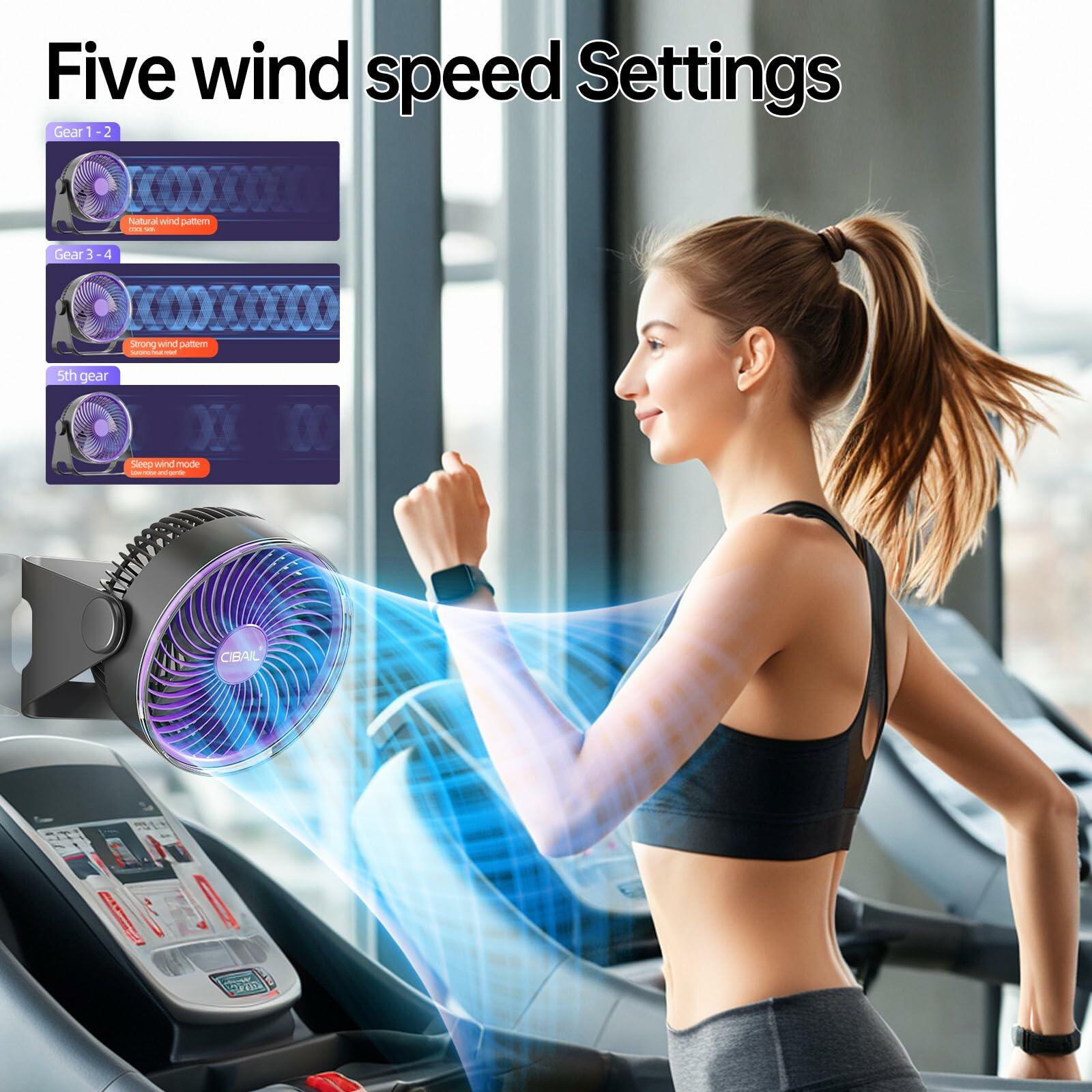 CIBAIL Brushless Motor 7" Desk Fan USB Rechargeable Portable Purple 5 Speeds