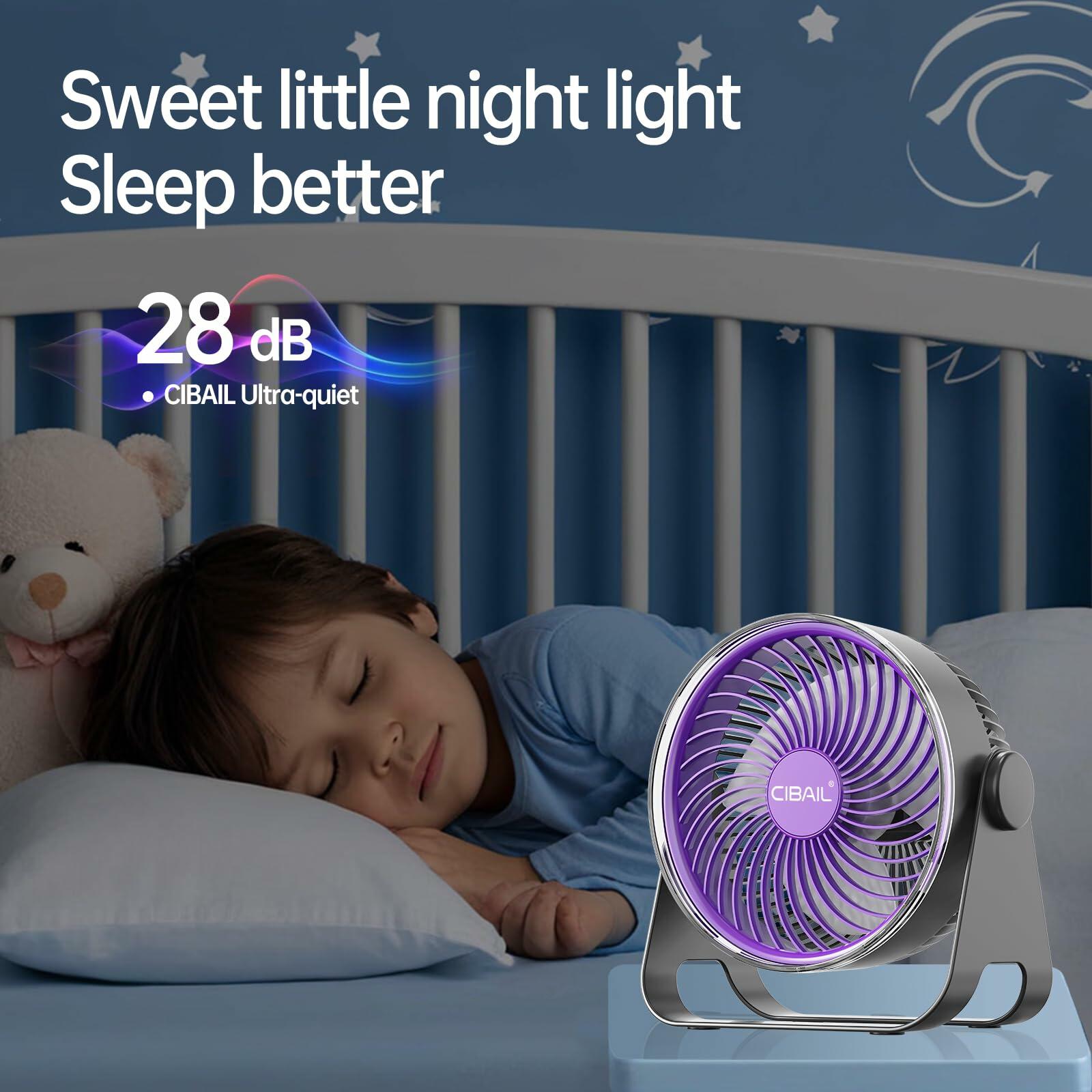 CIBAIL Brushless Motor 7" Desk Fan USB Rechargeable Portable Purple 5 Speeds