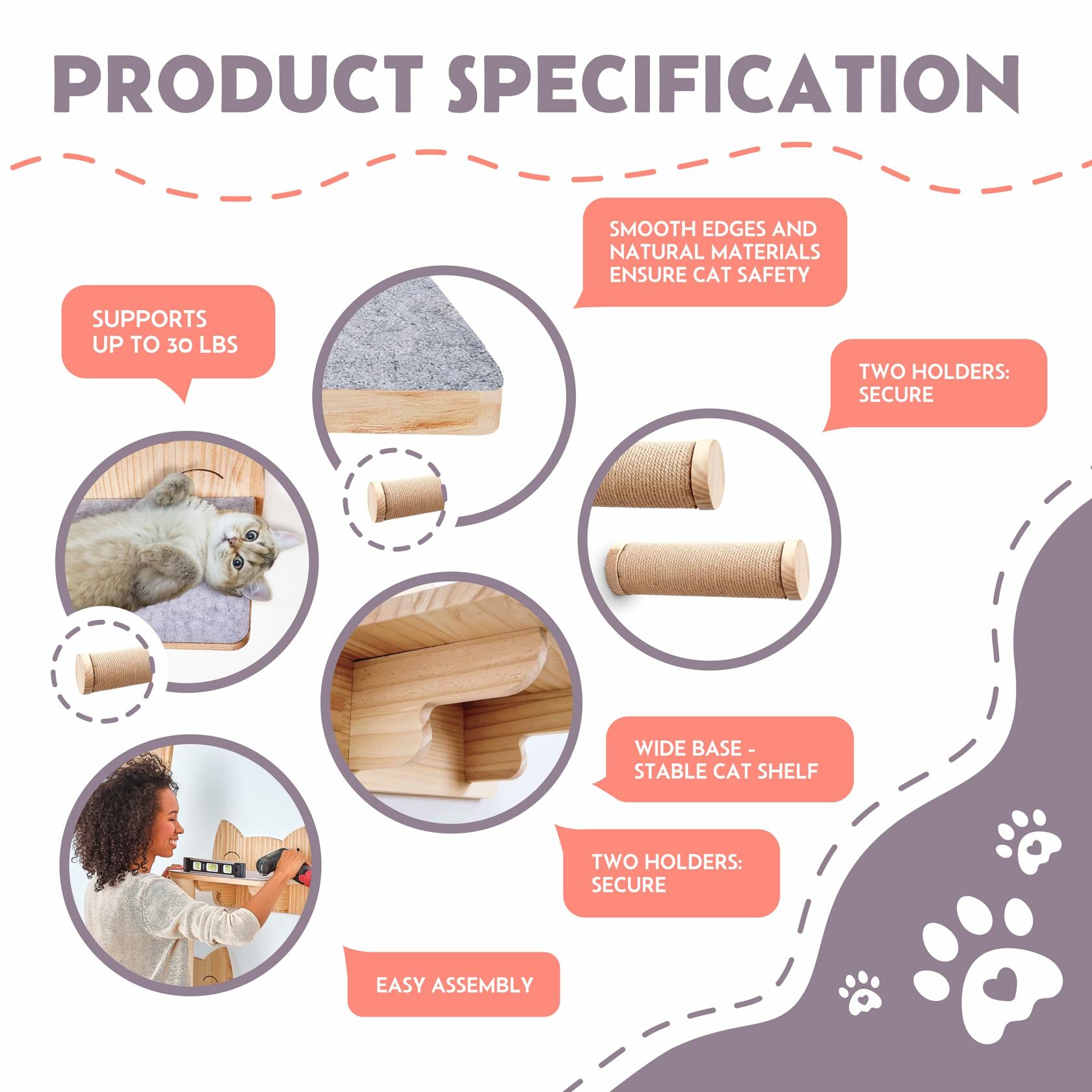 IDAE Cat Wall Shelves Set of 3 Solid Wood Natural Climbing Furniture
