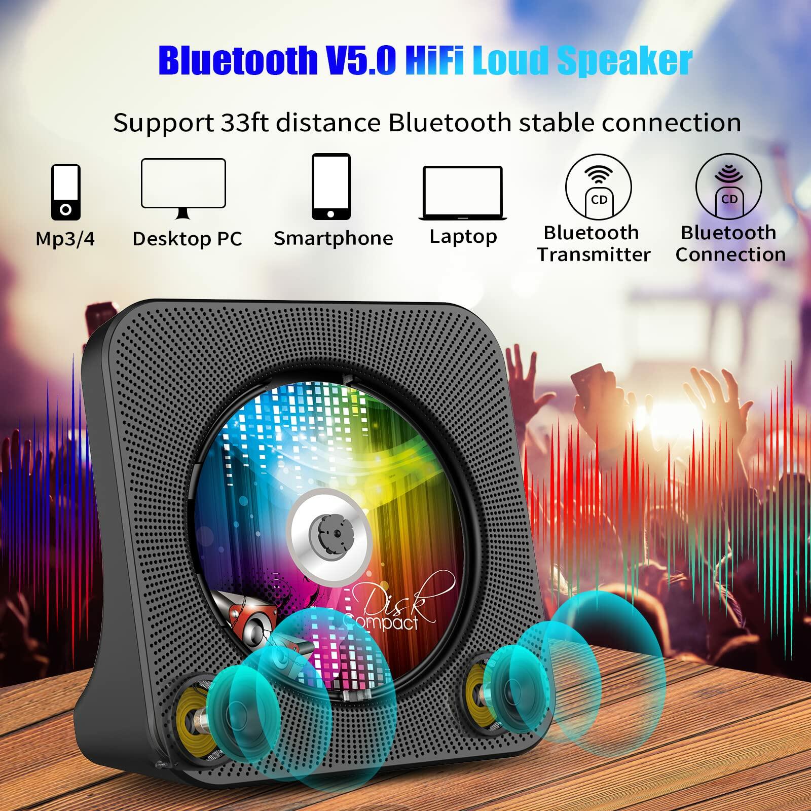 Gueray Portable Bluetooth CD Player with Speaker FM Radio LED Screen Black