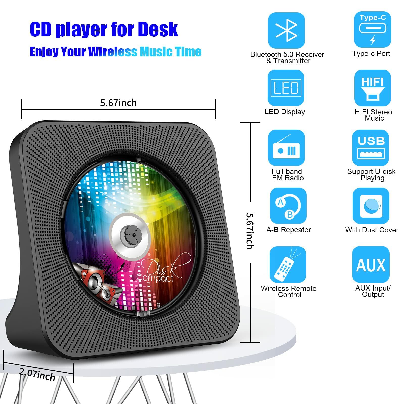 Gueray Portable Bluetooth CD Player with Speaker FM Radio LED Screen Black