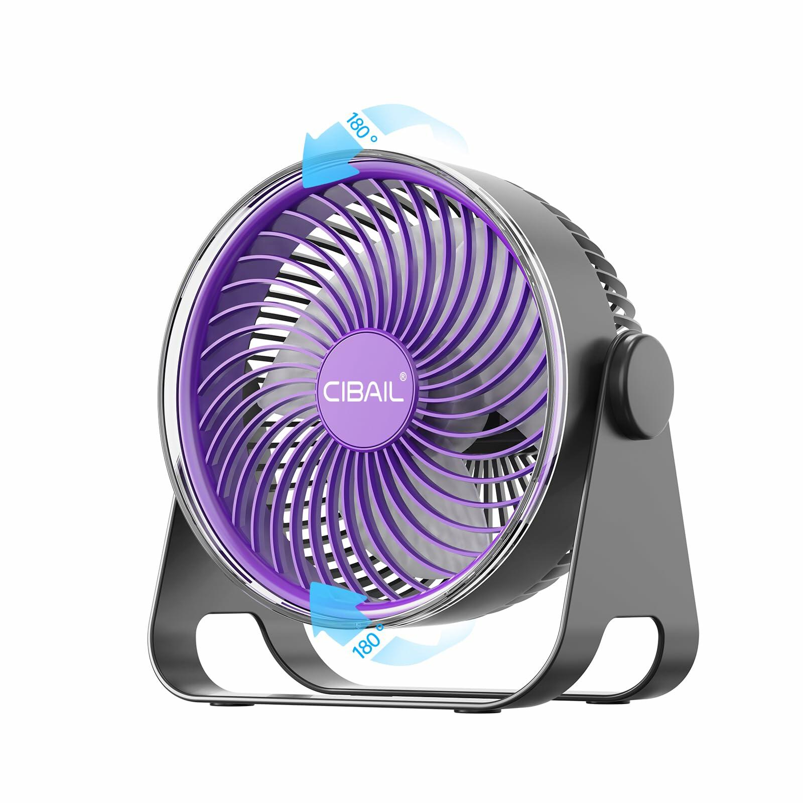CIBAIL Brushless Motor 7" Desk Fan USB Rechargeable Portable Purple 5 Speeds