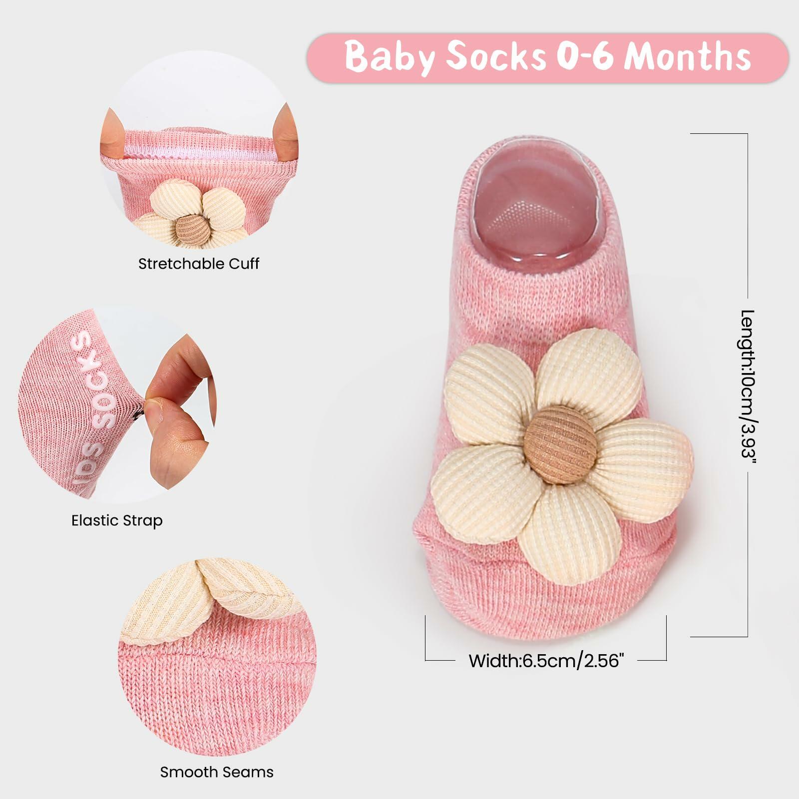 Incolumitas Baby Girl Socks 4-Pack Low Cut Floral Non-Slip Grips Multicolor