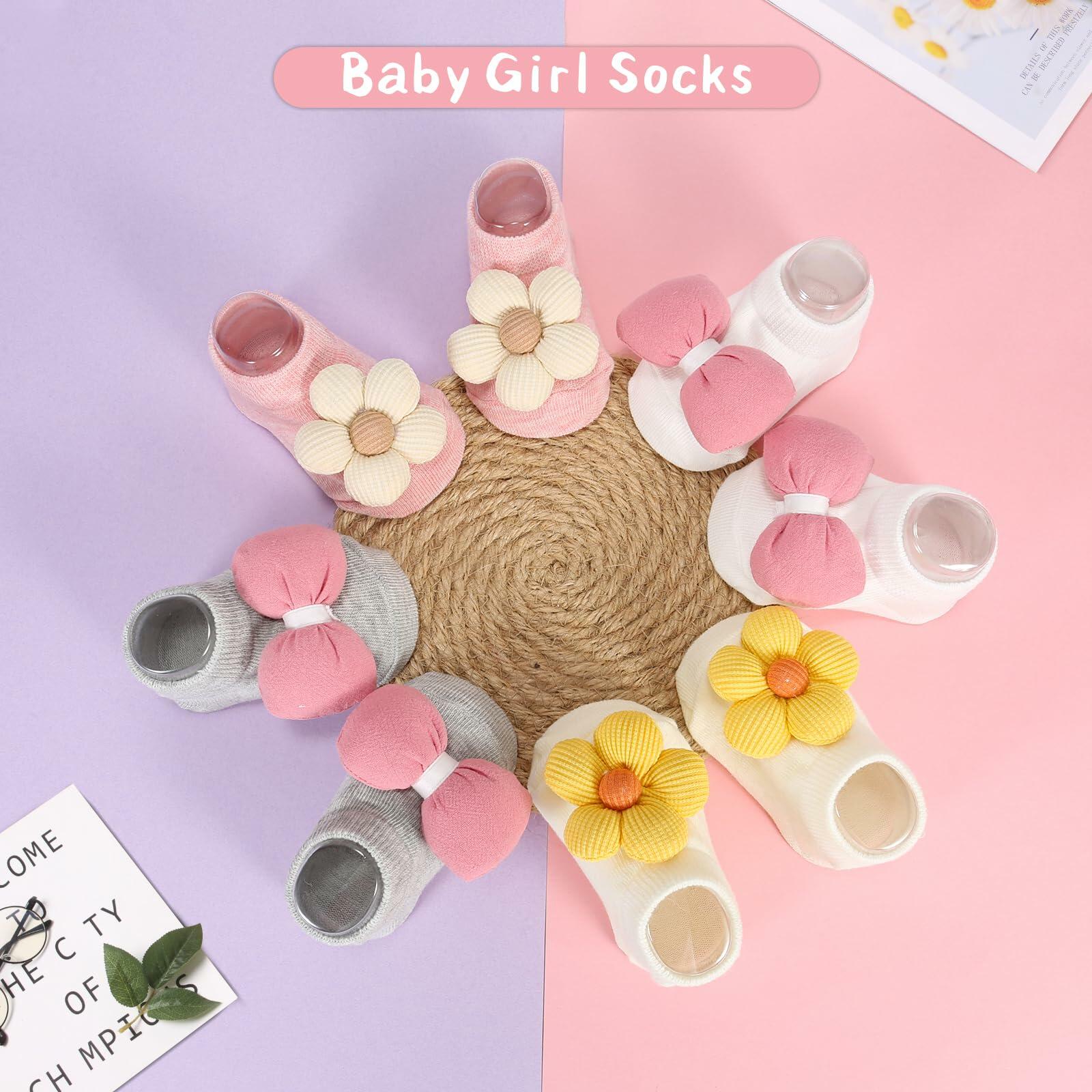 Incolumitas Baby Girl Socks 4-Pack Low Cut Floral Non-Slip Grips Multicolor