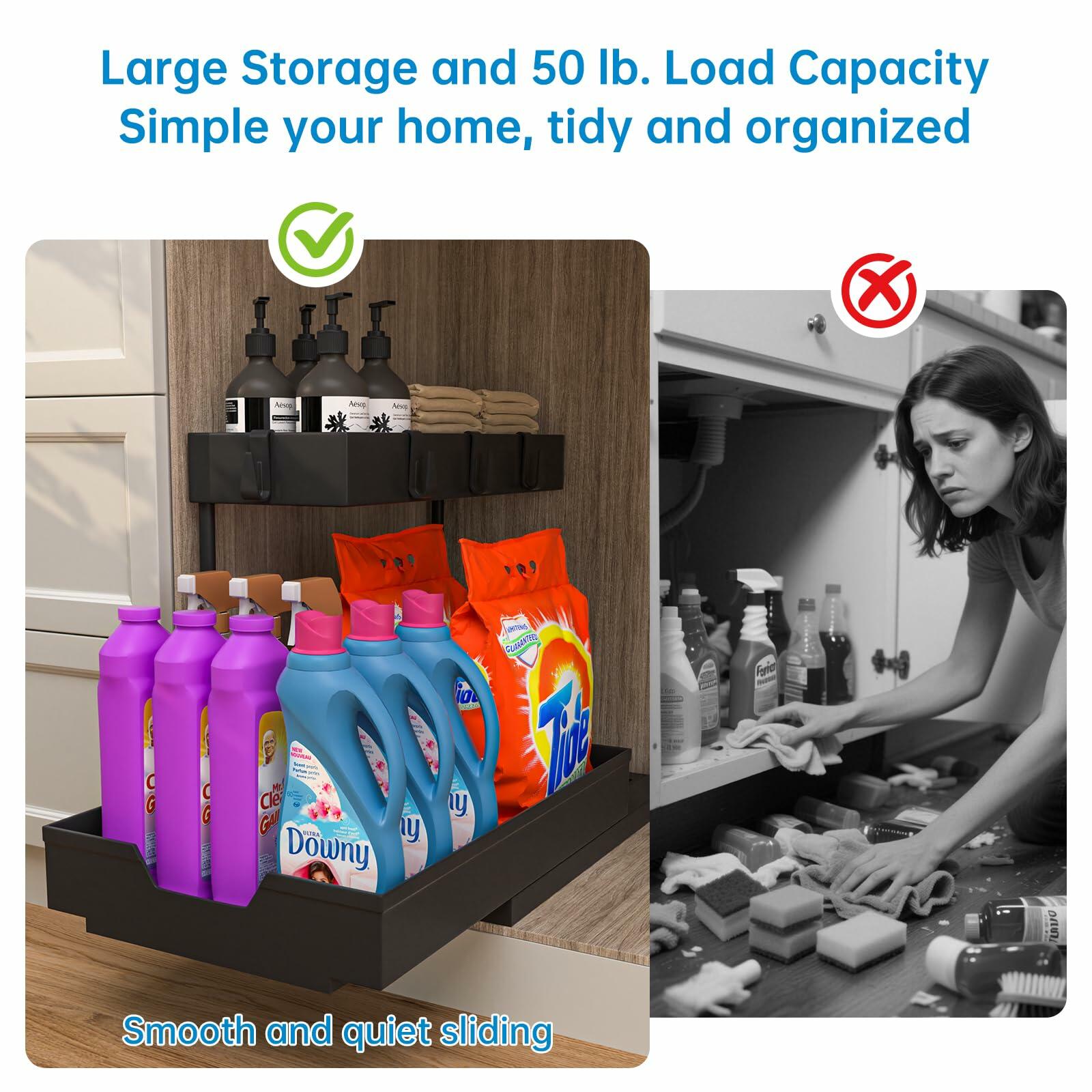 NATURE'S SOURCE 2 Pack 2 Tier Under Sink Organizer with 4 Hooks Black LIKE NEW