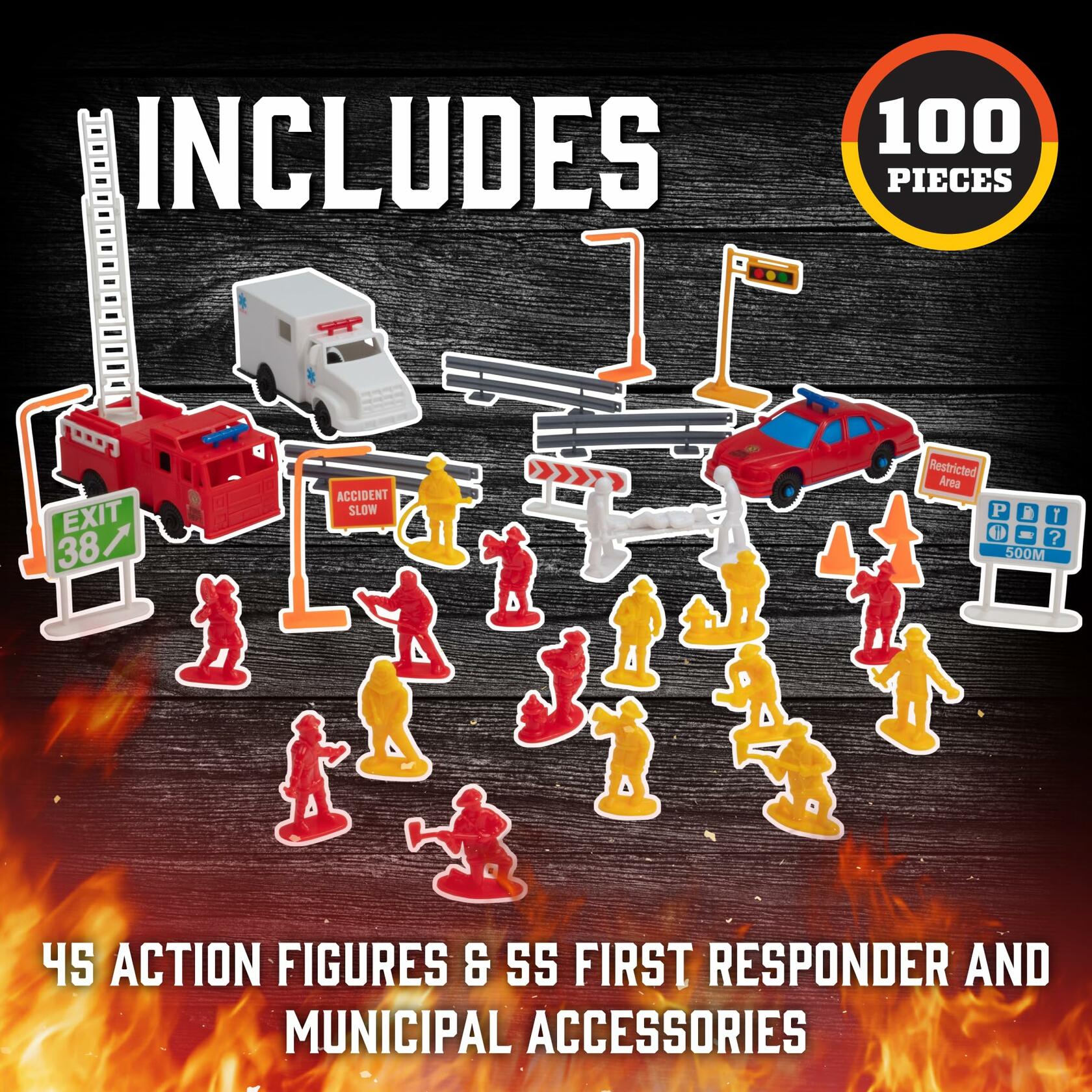 SCS Direct Firefighter Action Figure Playset 100pc Red Rescue Vehicles